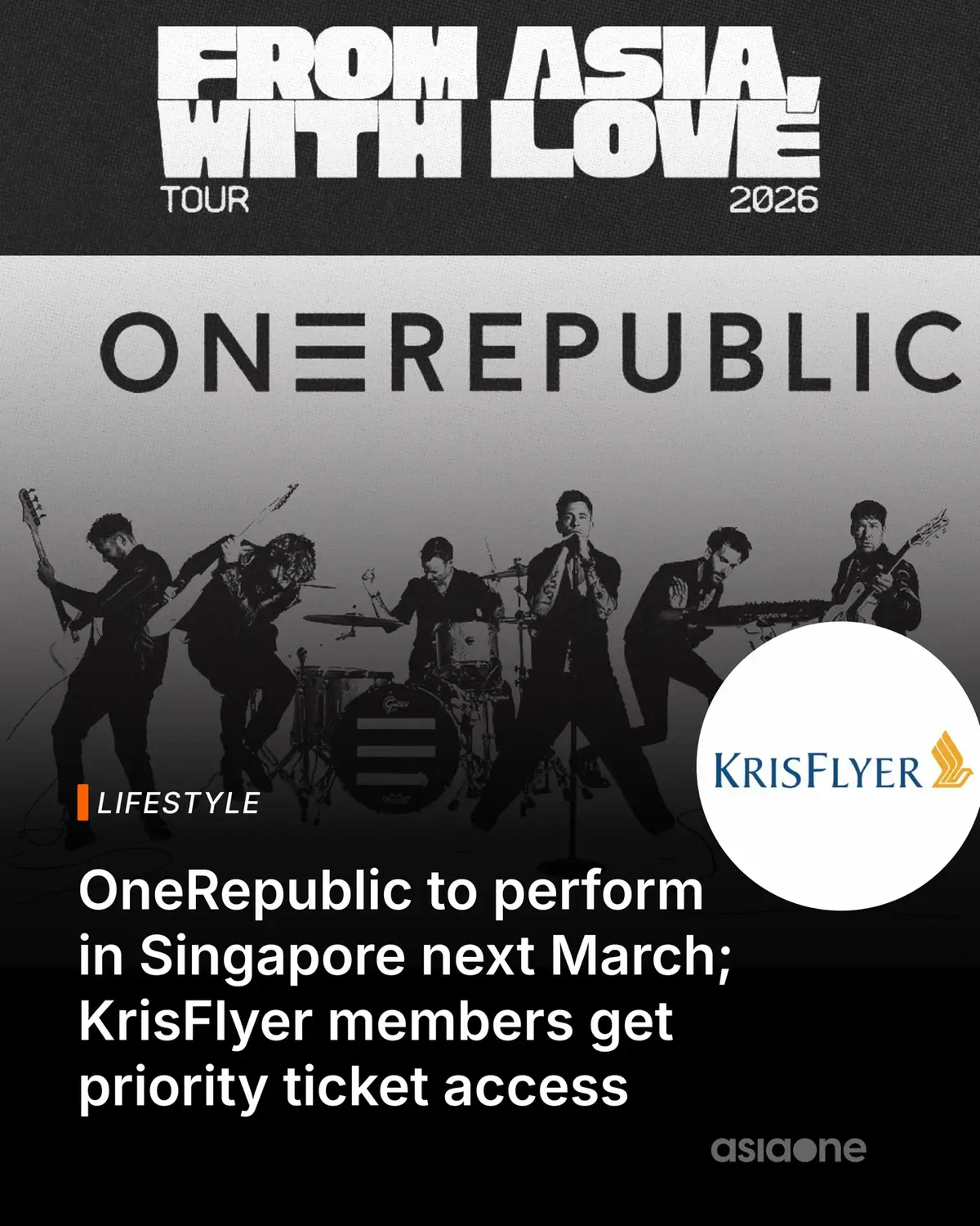 Pop-rock band OneRepublic will return to perform in Singapore on March 2 next year, announced show promoter Live Nation Singapore in a press release on Monday (Nov 10). #Singapore #Lifestyle #SingaporeAirlines #KrisFlyer #OneRepublic 📸: Singapore Airlines