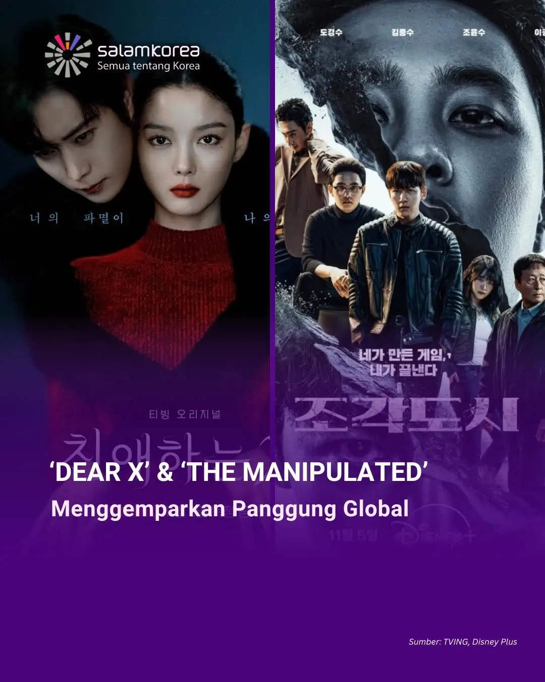 Dear X menerima sambutan internasional yang meriah. Drama yang tayang perdana pada 6 November ini telah menghasilkan minat yang luar biasa di berbagai platform streaming global, termasuk TVING, HBO Max, dan Disney Plus. Hanya empat hari setelah dirilis, Dear X mengukuhkan statusnya sebagai salah satu hit terbesar di akhir tahun 2025, dengan cepat menjadi pendorong utama langganan berbayar baru untuk platform tersebut. Serial ini diluncurkan secara internasional di HBO Max dan Disney Plus di Jepang, dan menurut pelacak streaming FlixPatrol, serial ini mencapai No. 1 dalam kategori Acara TV HBO Max di tujuh negara, termasuk Hong Kong, Indonesia, Filipina, dan Taiwan. Serial ini juga langsung sukses di pasar-pasar utama lainnya, mengamankan posisi No. 3 di Disney Plus di Jepang dan masuk 10 besar di Viki di AS. Episode 5 dan 6 Dear X dijadwalkan tayang pada Kamis, 13 November, pukul 18.00. Seiring serial ini terus memikat penonton domestik dan internasional, antisipasi terhadap episode-episode mendatang pun semakin meningkat. Sementara itu, serial original Disney Plus, The Manipulated, juga terbukti sangat populer. Per 9 November, serial ini menduduki peringkat pertama di tangga lagu Disney Plus Top 10 TV Shows FlixPatrol di Korea Selatan dan Taiwan. Serial ini juga menempati posisi ke-4 di tangga lagu dunia dan menembus 10 besar di enam negara lain, termasuk Jepang, Turki, dan Singapura. Dibintangi Ji Chang Wook dan Do Kyung Soo, The Manipulated telah memikat penonton dengan alur cerita yang mendebarkan dan aksi yang intens. Penonton domestik dan internasional memuji premis unik dan penampilan gemilang para pemainnya. Reaksi penonton antara lain, 