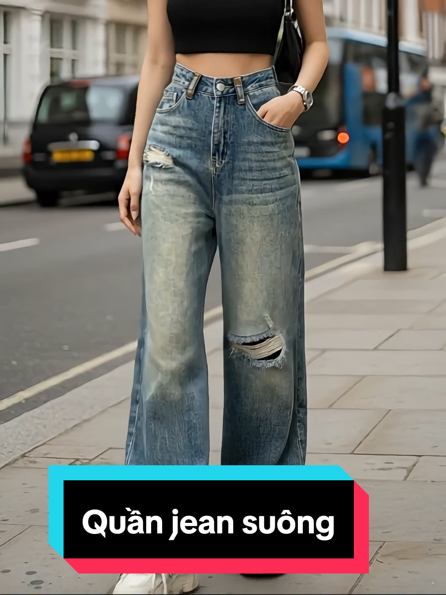 Quần jean suông ống rộng cạp cao rách gối #jeansuong #quanjeansuong #quanjeanrach @Thủy Shop 