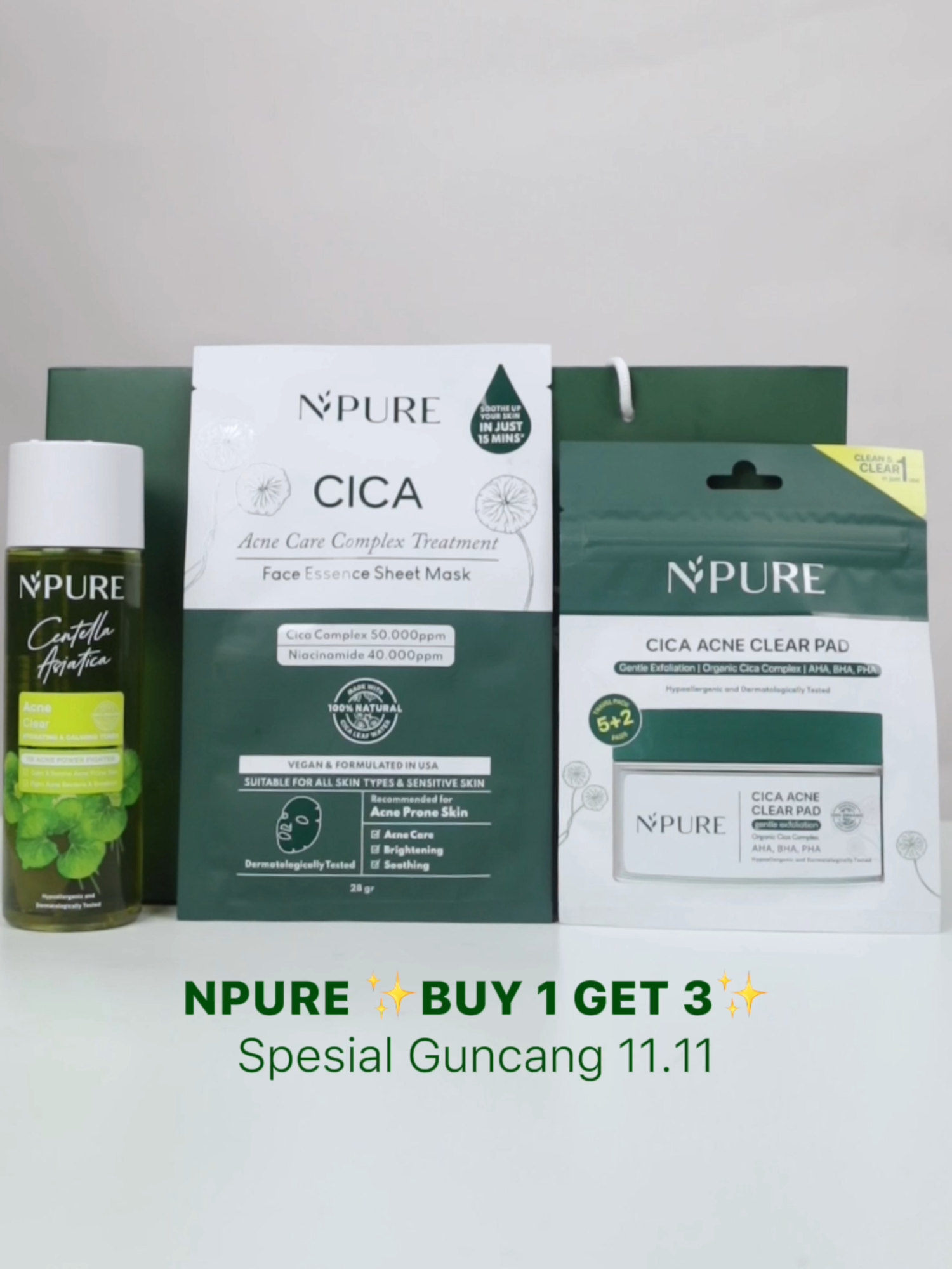 GUNCANG 11.11 SALE! Cukup beli 1 bisa dapet 3 produk sekaligus, diskon segede ini gabakal dateng 2x 😋💚 Buruan checkout sekarang! ✨ #NPURE #GenerasiKulitSehat #Toner #AcneToner #Jerawat #AcneProneSkin #guncang1111 #promo1111