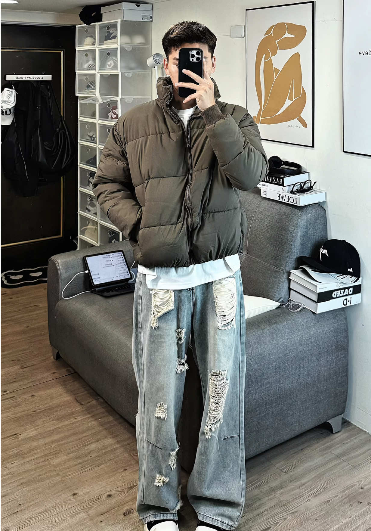 Áo phao nâu lên mix quần xuông rách #nguoivietnamtaidailoan🇻🇳🇹🇼 #nguoivietnamtaidailoan #vietnam #sẵnhangtaidailoan🇹🇼 