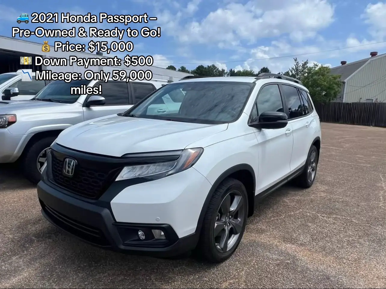 🚙 2021 Honda Passport – Pre-Owned & Ready to Go! 💰 Price: $15,000 💵 Down Payment: $500 📉 Mileage: Only 59,000 miles! ✅ Super spacious & comfortable ✅ Smooth ride for daily drives or road trips ✅ Honda reliability — built to last 🔥 This one won’t stay long! Come take it for a test drive today. 📍 Message us now or stop by for more details! #HondaPassport #HondaLife #UsedHonda #PreOwnedCars #SUVDeals     