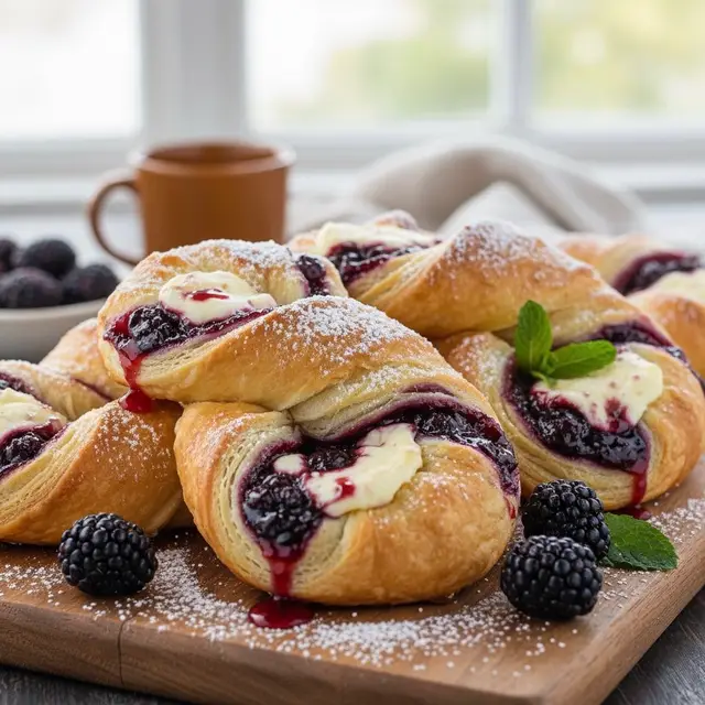 Ingredients For the filling: 	•	4 oz (½ block) cream cheese, softened 🧀 	•	2 tbsp granulated sugar 🍬 	•	1 tsp vanilla extract 🌿 For the blackberry mixture: 	•	1 cup blackberries (fresh or frozen) 🫐 	•	2 tbsp sugar 	•	1 tsp lemon juice 🍋 	•	1 tsp cornstarch mixed with 1 tsp water 💧 For the pastry: 	•	1 sheet puff pastry, thawed 🥐 	•	1 egg (for egg wash) 🥚 	•	1 tbsp water For the glaze (optional): 	•	½ cup powdered sugar 🍯 	•	1–2 tsp milk or lemon juice 🥛🍋 ⸻ Instructions 	1.	Make the blackberry filling: In a small saucepan, combine blackberries, sugar, and lemon juice. Cook over medium heat until the berries start to release juice. Add the cornstarch slurry and stir until thickened (about 2–3 minutes). Let it cool completely. ❄️ 	2.	Prepare the cream cheese mixture: Beat cream cheese, sugar, and vanilla until smooth and creamy. 😋 	3.	Assemble the twists: 	•	Roll out the puff pastry on a lightly floured surface. 	•	Spread the cream cheese mixture over half of the pastry, then spread the cooled blackberry filling on top. 	•	Fold the other half of the pastry over the filling like a book. 📖 	•	Slice into 1-inch strips. Twist each strip gently a few times and place on a parchment-lined baking sheet. 	4.	Brush & bake: Mix egg and water to make an egg wash, then brush over the twists. Bake at 400°F (200°C) for 15–20 minutes, or until golden brown and puffed. 🧡 	5.	Glaze (optional): Mix powdered sugar with milk or lemon juice until smooth. Drizzle over cooled twists for a sweet finish. ✨ #bakingtok #sweettreats #easydessert #sweet #homemade 