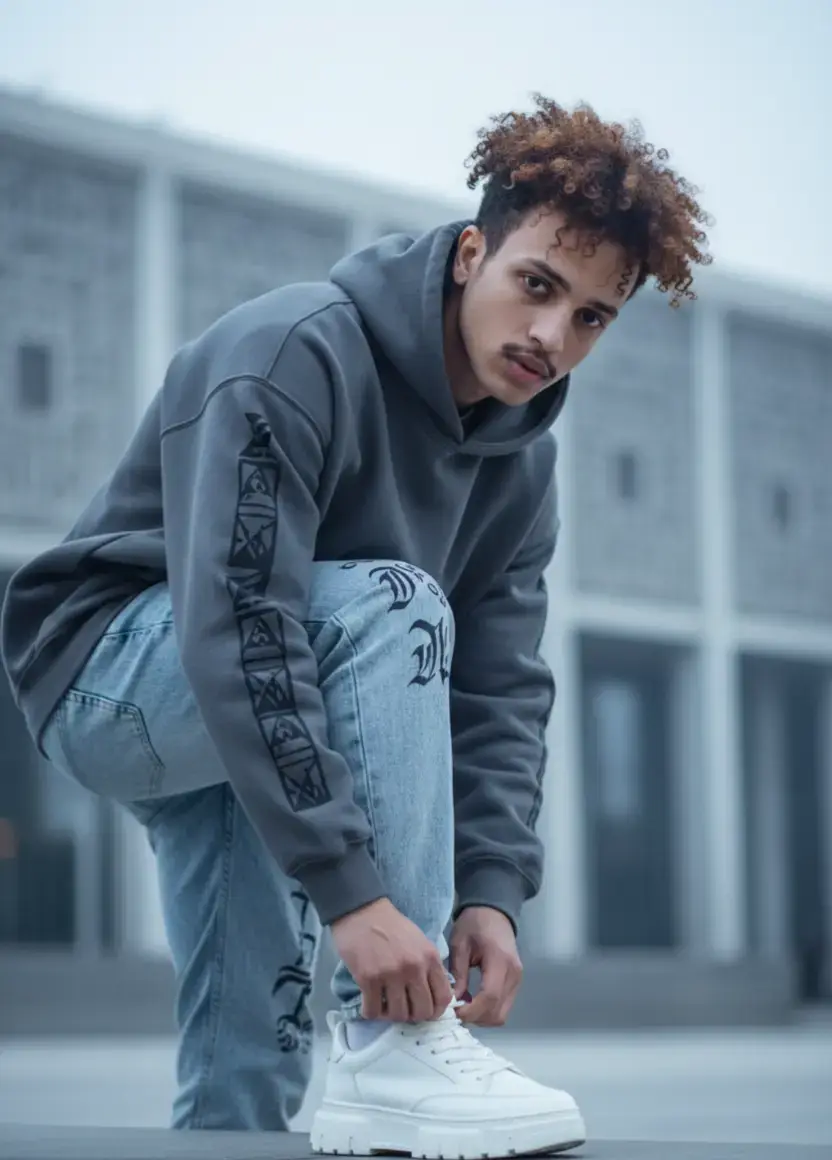 A stylish man looks directly and intensely at the camera while adjusting the laces of his chunky white sneakers. He wears an oversized charcoal gray hoodie with black graphic print on the sleeves, paired with light-wash jeans that also feature subtle black graphics. The composition is a low-angle, medium shot, emphasizing the height and grandeur of the setting. The backdrop is the facade of the Library of Alexandria, rendered in a soft bokeh. The lighting is soft, diffused, and hazy in daylight, creating even illumination with minimal shadows. The color palette is subtly muted, dominated by shades of slate gray, pale blue, and crisp white. This is a highly detailed editorial image with street-style styling, cinematic quality, sharp focus, 8K resolution, detailed texture, and the aesthetics of fashion photography. Keep my face 100% as the reference image.