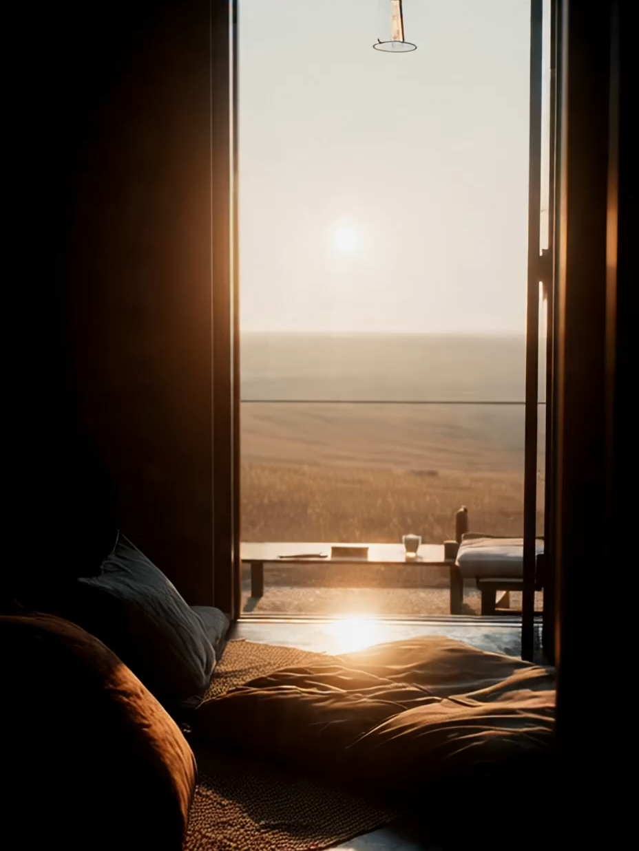 Bask in the calm of a Desert Cabin at Golden Hour 🌵🌅 — a smooth aerial view over minimalist architecture nestled among cacti and red rock formations near Joshua Tree. Warm light, gentle breeze, and pure cinematic serenity — nature’s stillness captured in perfect detail 🌞✨ #DesertVibes #GoldenHour #CinematicAmbience #JoshuaTree #MinimalAesthetic