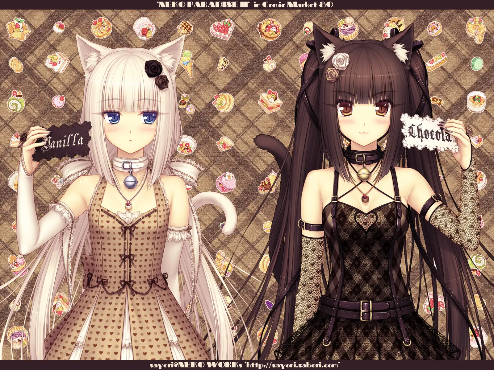 i LOVE this artwork... they're so beautiful and the brown theme with the outfits looks so good. their little cake necklaces are adorable too. something interesting about this is that here chocola has a gold bell and vanilla has a silver bell, opposite of what they have today. also their heights and three sizes have stayed the exact same over the years. #nekopara #ネコぱら #catsparadise #nekoparadise #catgirl #catgirls #neko #ねこ #ネコ #nekomimi #猫耳 #ねこみみ #kawaii #可愛い #かわいい #moe #萌え #chocola #nekoparachocola #chocolanekopara #ショコラ #ネコぱらショコラ #ショコラネコぱら #vanilla #nekoparavanilla #vanillanekopara #バニラ #ネコぱらバニラ #バニラネコぱら