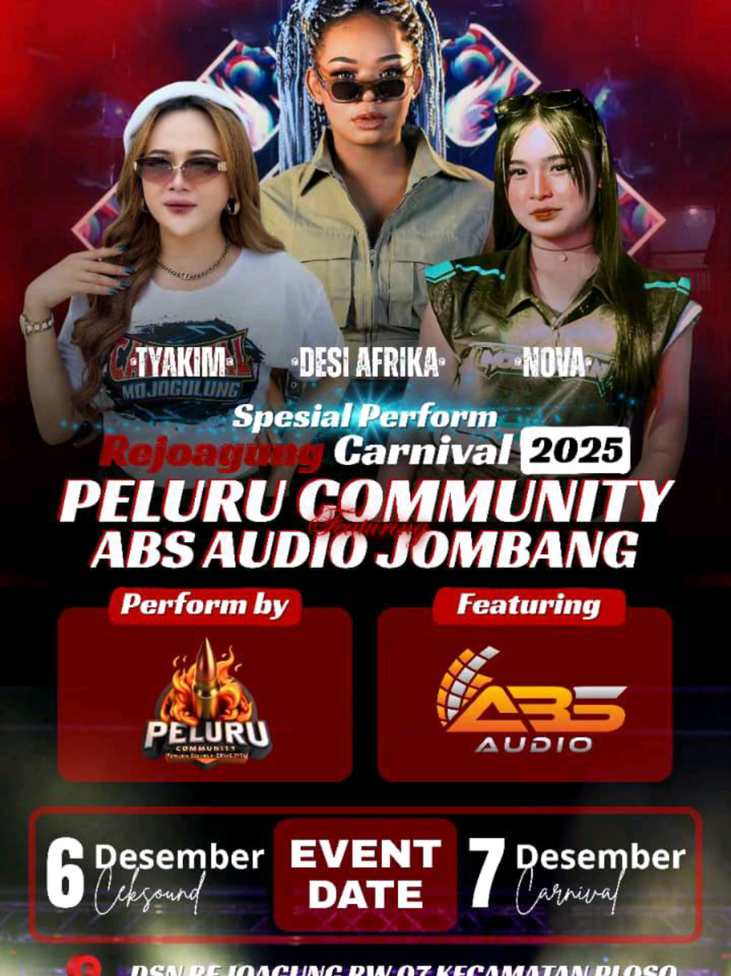 REJOAGUNG CARNIVAL 2025 🎊 😈PELURU COMMUNITY Feat ABS AUDIO😈 👯 Spesial perform  🔹DESI AFRIKA  🔹NOVA 🔹TYAKIM 🗓️ cek sound tgl 6 Desember karnaval tgl 7 Desember 2025 📍 Rejoagung RW 7 kec. ploso Jombang  📢 Ojo lali disimpen Ben Ndak kliwatan bolo 🔥  #karnaval  #karnavalsoundsystem  #jombang 