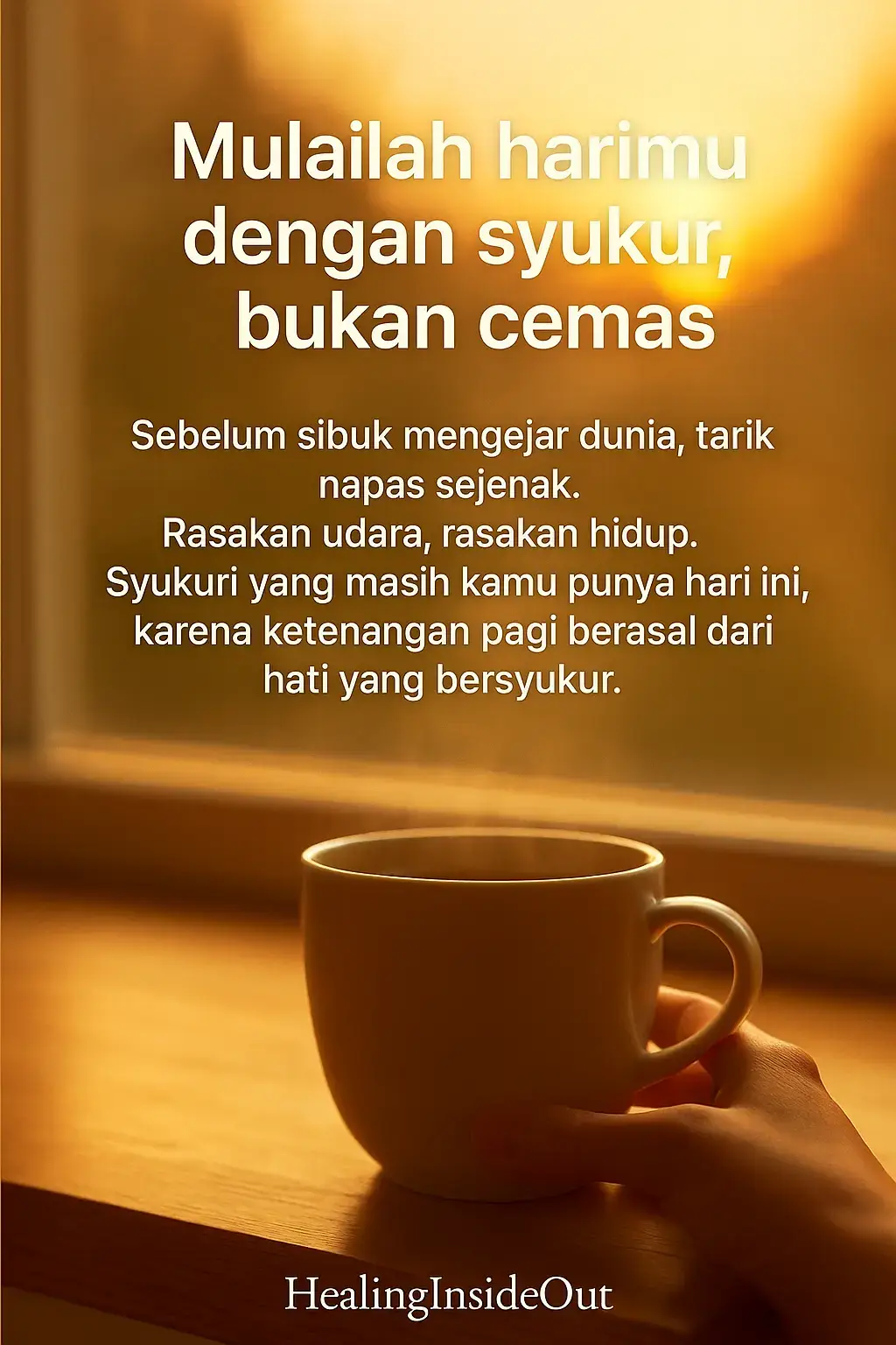 ☕ “Mulailah Harimu Dengan Syukur, Bukan Cemas” 🌤️  “Sebelum dunia memintamu berlari, tarik napas sejenak… rasakan udara yang masih setia menemuimu pagi ini.” 🌤️ “Tak perlu langsung memikirkan semua yang belum kamu capai. Cukup syukuri yang masih kamu miliki hari ini. Karena ketenangan tidak datang dari seberapa banyak yang kamu punya, tapi dari seberapa dalam kamu bisa berterima kasih.” 🌙 “Mulailah harimu dengan syukur, bukan cemas. Karena hati yang tenang di pagi hari… akan memandu langkahmu seharian penuh dengan damai.” ☕ Sebelum kamu buka ponsel, tarik napas dulu… Syukuri pagi ini, syukuri napasmu, syukuri dirimu yang masih bertahan. 🌤️ Ketenangan pagi dimulai dari hati yang bersyukur. HealingInsideOut 🤍 . . . #HealingInsideOut  #MorningMotivation  #GratitudePractice  #MindfulMorning  #InnerPeace 