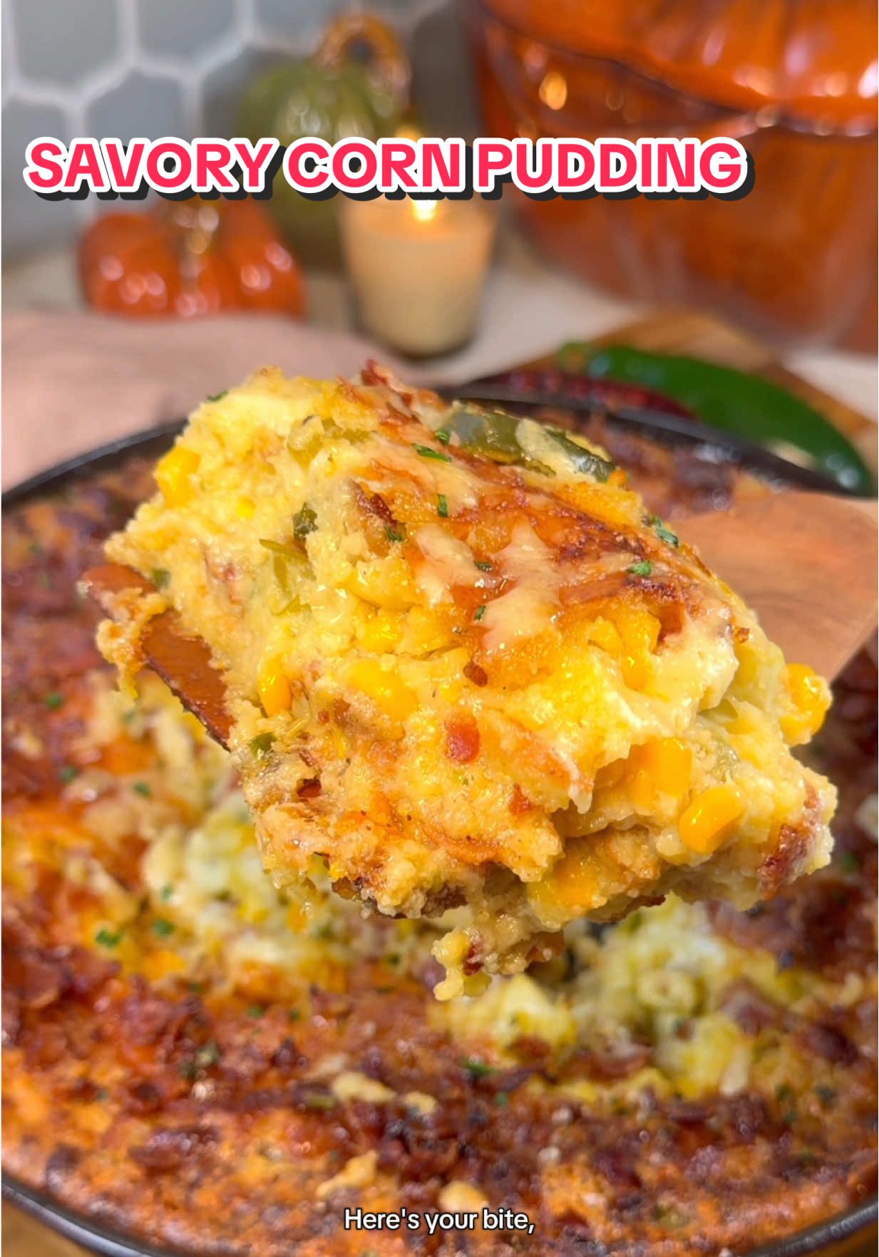 Jalapeño, Pepper Jack, and Bacon Corn Pudding ❤️‍🔥 Meet the saltier, spicier, cheesier cousin of my classic corn pudding. Same cozy, custard base… just dressed up with jalapeños, pepper jack, crispy bacon, and hot honey. Ingredients below — full recipe is in my bio! Base: 1 box Jiffy Corn Muffin Mix (8.5 oz) 1 stick (½ cup / 4 oz) unsalted butter, melted 2 large eggs, beaten 1 can (15 oz) whole kernel corn, drained 1 can (15 oz) cream-style sweet corn 1 cup full-fat sour cream (or full-fat Greek yogurt) 1–2 tbsp hot honey Pinch of salt and black pepper, to taste (about 1/2 tsp each) Savory Add-Ins: 1 lb bacon, cooked until crisp and crumbled (reserve some for topping) 2 fresh jalapeños, seeded and finely diced 1 can mild green chiles (4 oz) 1½ to 2 cups shredded pepper jack cheese (reserve some for topping) Finishing: Hot honey Flakey salt Extra bacon Chopped chives for garnish #cornpudding #cornbread #thanksgiving #thanksgivingsides #holidaycooking 