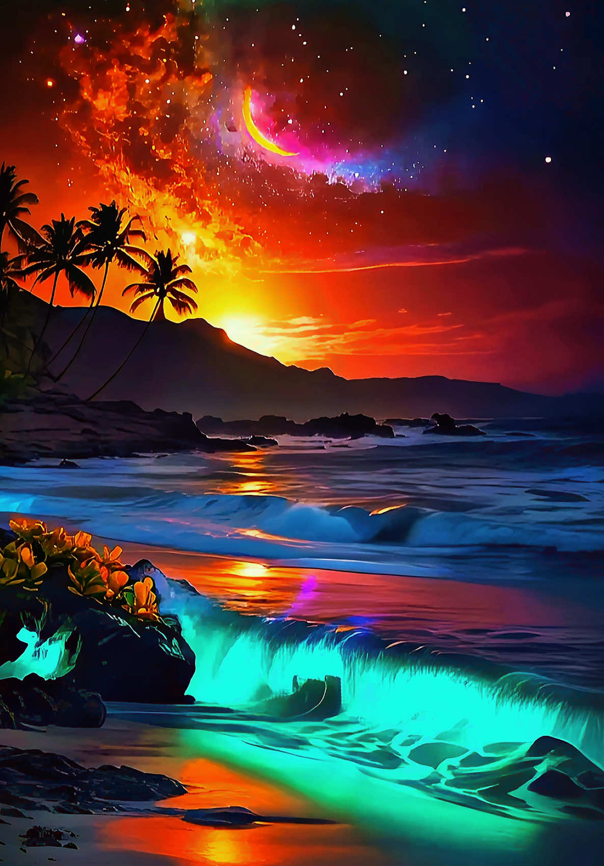 4K Live Wallpaper | Cosmic Ocean Waves & Tropical Sunset Beach 🌺🌊🦋🌴🌟 💠 Under a tropical sunset sky, the cosmic ocean awakens — waves shimmer with bioluminescent light, glowing like galaxies along the shore. Golden reflections dance across the water, while the horizon burns in shades of coral, violet, and fire. As the moon rises above palm silhouettes, each wave becomes a breath of the universe — a celestial tide where starlight meets the sea, and time dissolves into an endless glow. This cinematic 4K live wallpaper captures the harmony between tropical tranquility and cosmic wonder — a visual masterpiece designed to bring calm, depth, and luminous energy into your space 🌊🩵🌟 ©️ Copyright — All content materials, including video, text, and descriptions, are property of AI Canvas Team. #wallpapers #livewallpaper #cosmos #sunsetbeach #oceanlife 