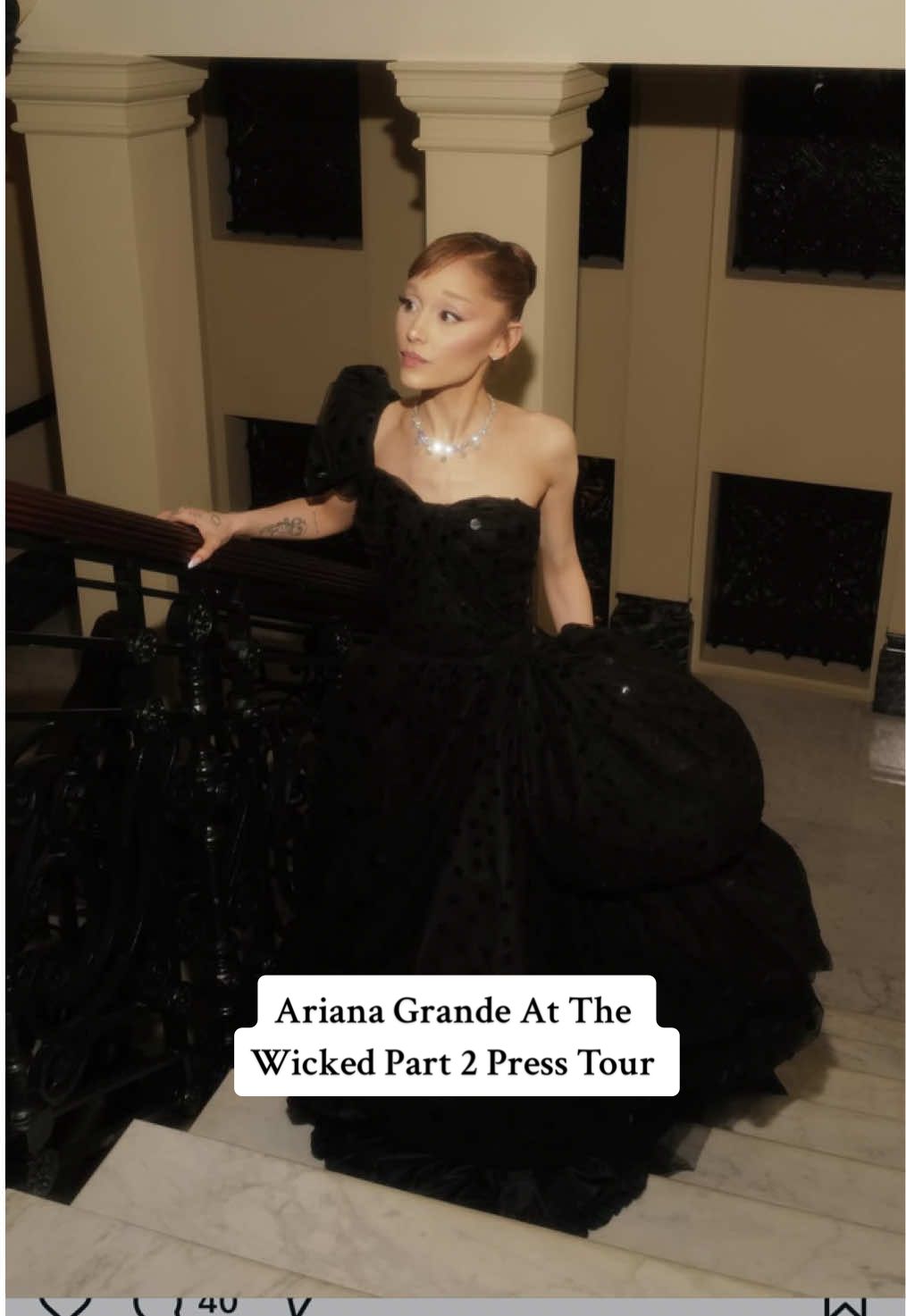 Ariana Grande traded Glinder's pink wardrobe for gothic glamour at the Wicked  2 press tour in London.  An asymmetric black tulle gown designed by ‘The Wizard Of Oz’ costume designer, Gilbert Adrian.  #arianagrande #wickedmusical #wicked #arianagrandeedit #arianagrande #wickedpart2  Credit: Getty Images 