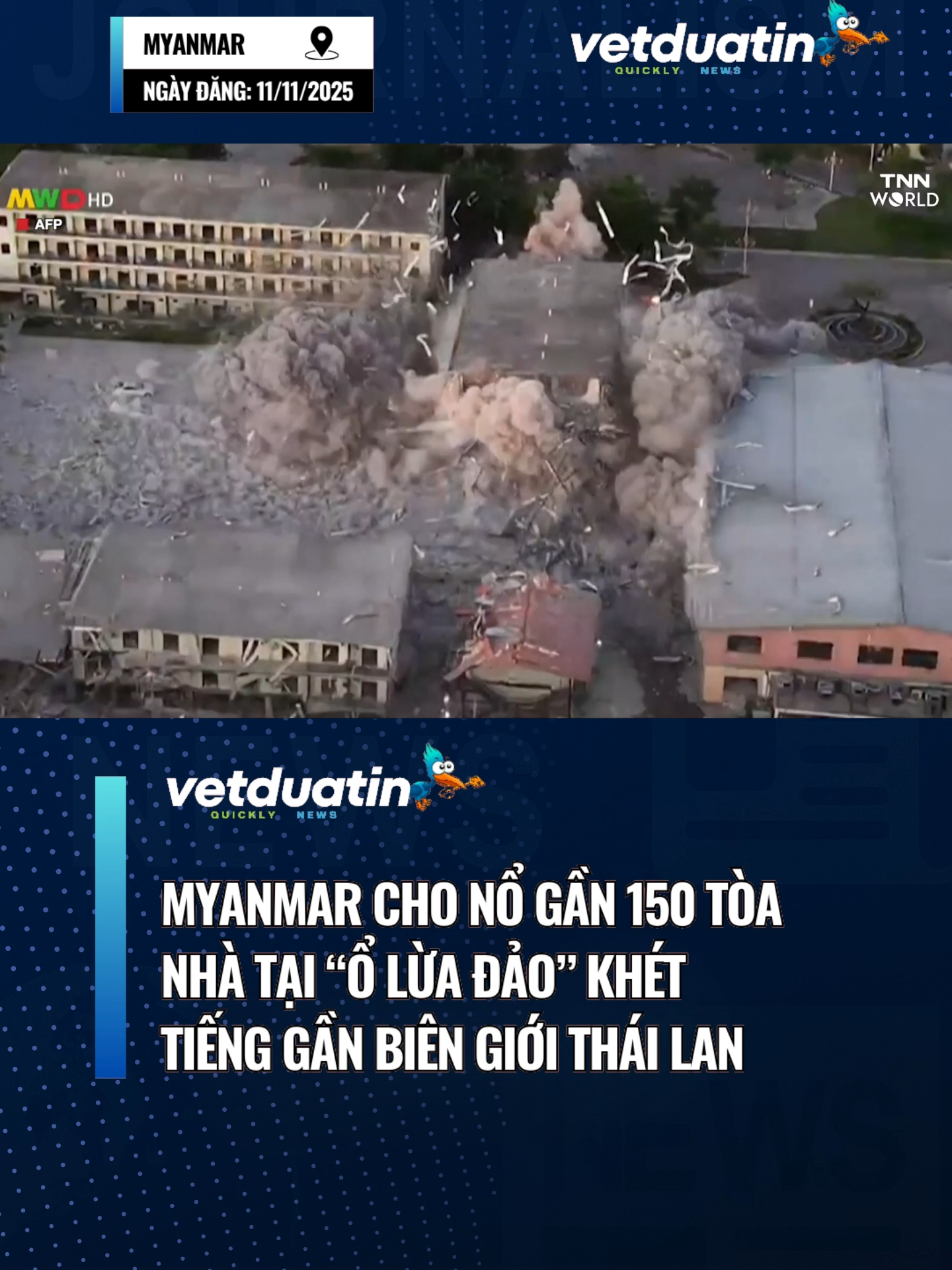 Myanmar cho nổ gần 150 tòa nhà tại “ổ lừa đảo” khét tiếng gần biên giới Thái Lan Chính quyền quân sự Myanmar vừa phá hủy gần 150 tòa nhà trong khu phức hợp KK Park, “ổ lừa đảo xuyên quốc gia” lớn nhất Đông Nam Á nằm sát biên giới với Thái Lan. Đây được xem là bước đi mạnh tay nhằm xóa sổ các trung tâm tội phạm công nghệ cao từng khiến hàng nghìn người bị cưỡng ép lao động. Theo truyền thông địa phương, các tòa nhà bị san phẳng nằm trong khu vực rộng hàng chục hecta thuộc bang Kayin, nơi tập trung nhiều đường dây lừa đảo đầu tư, tiền ảo và chiếm đoạt tài sản trên mạng. Một quan chức quân đội Myanmar cho biết chiến dịch này nhằm “xóa sạch cơ sở vật chất của các nhóm tội phạm” và ngăn chúng tái hoạt động dưới hình thức khác. Trước đó, chiến dịch truy quét do Trung Quốc dẫn đầu hồi tháng 2 đã khiến khoảng 7.000 người bị hồi hương, trong khi Thái Lan cũng cắt đường truyền internet xuyên biên giới để ngăn các trung tâm lừa đảo hoạt động. Tuy nhiên, theo cuộc điều tra của AFP, nhiều cơ sở vẫn tồn tại nhờ sử dụng thiết bị vệ tinh Starlink để duy trì kết nối. Sau khi thông tin bị phanh phui, SpaceX – công ty mẹ của Starlink – đã cắt tín hiệu hơn 2.500 thiết bị bị nghi dùng cho mục đích phạm pháp. Giới quan sát nhận định, dù Myanmar đang nỗ lực truy quét, các đường dây lừa đảo mạng vẫn có thể “biến hình” và di chuyển sang khu vực khác để tiếp tục hoạt động. Nguồn: Báo Tuổi Trẻ #Vetduatin #xuhuong #tintuc #vietnam #myanmar #thailand🇹🇭
