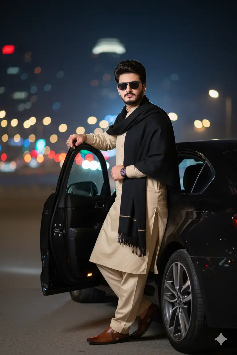 23 years old man with the same face, hairstyle, and beard as the refer ence image,wearing a traditional light beige with a black shawl elegantly draped over one shouider, Accessories: Dark sunglasses and smartbrown or black shoes. Pose: Leaning casually against a car, perhaps with the door stightly open. background (bokeh effect). Setting: An urban night scene with blurred lights in the Lighting: The subject is well-lit, with a subtle rim light highlighting him against the darker background. #dontunderreviewmyvideo #foryoupage #prompt #gemini #trending 