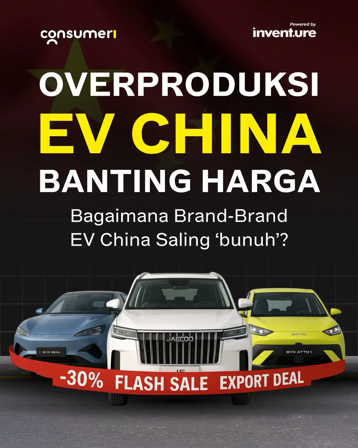 Jaecoo J5 EV cuma Rp 200 jutaan, padahal tampilannya mirip Range Rover dan fiturnya nggak kaleng-kaleng 🤯 Pembeli BYD Atto 1 pun jadi mikir ulang kok bisa semurah itu?! Ternyata di balik semua ini ada “perang saudara” antar brand EV China karena oversupply brutal lebih dari 130 merek bersaing di pasar yang sama. Era frugal consumer kini berubah jadi ajang “mendang-mending mobil listrik”. Siapa yang bakal bertahan di medan perang harga ini?  Carousel by: consumeri.id #otomotif #fyp #mobillistrik #EV #marketingstrategy 