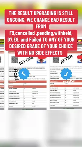 Wassce results upgrade is the process of changing your bad grades to any desired results of your choice. Let's say you had D7, E8,F9, in any subject, it can be changed to any other preferred grade of your choice either A1,2,B3, C4 Upgrading of results is done to help students further their education with no side effects is 100% genuine and legit without no effect (If you are ready to upgrade your WASSCE RESULT KINDLY CHAT ME NOW TO SUBMIT YOUR DETAILS #upgrade #goviraltiktok #goviral #waecstudents #viralvideos