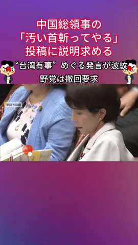 10日の国会、議論が紛糾し討論がストップする場面がありました。 そして、台湾有事をめぐる高市首相の発言に野党が反発。 さらに、大阪の中国総領事館のトップが、「その汚い首は一瞬の躊躇（ちゅうちょ）もなく斬ってやるしかない」などと投稿し、波紋が広がっています。高市首相が臨んだ本格論戦2日目。 中国による台湾への軍事侵攻が想定された、“台湾有事”をめぐる高市首相の発言が波紋を広げています。 #中国 #高市首相 #台湾 #台湾有事 #fyp  