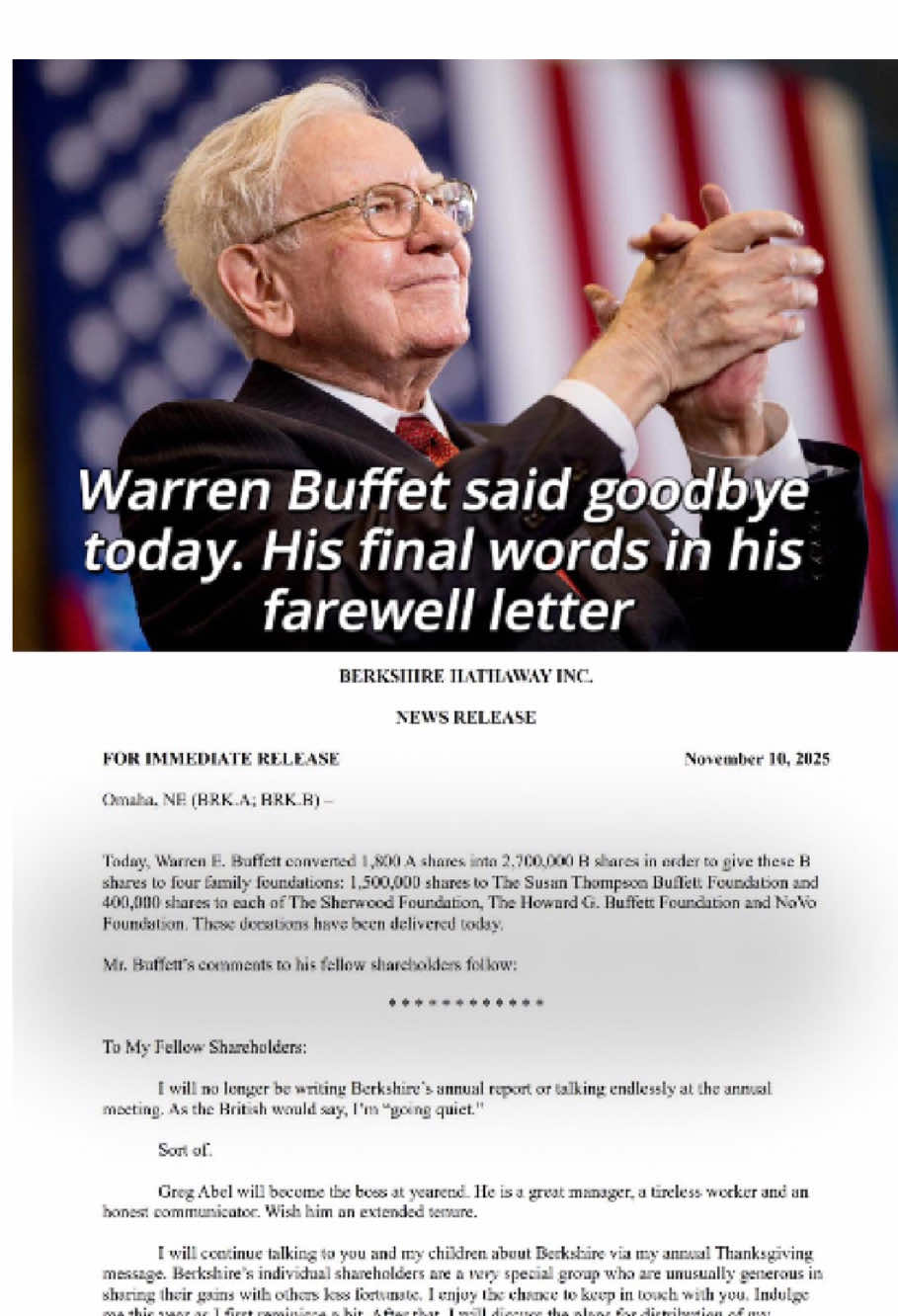 Warren Buffet said goodbye today. His final words in his farewell letter  #fyp #foryou #trending #foryoupage #warrenbuffett