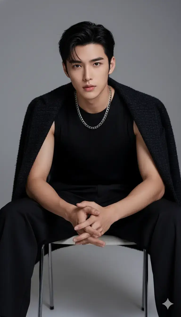 1. Open Gemini 📲 2. Upload photo:📸 3. Paste reminder:👇 A cinematic close-up portrait of a young man sitting confidently on a chair in a minimalist gray studio. The composition is tight, focusing on the upper body, arms, and partial legs while keeping posture and outfit details visible. The young man wears a black sleeveless shirt that reveals his toned arms, paired with loose black trousers, and a dark coat draped elegantly over his shoulders. A silver chain necklace is clearly visible, worn outside the shirt, adding a bold, modern fashion accent. He leans slightly forward, elbows resting on his thighs, hands clasped between his knees — exuding calm strength and youthful confidence. His short black hair is neatly styled with a side part, and he gazes intensely into the camera. Captured with an 85mm lens, f/1.8 aperture, ISO 200, at eye-level angle for natural bokeh and depth. Soft, diffused cinematic lighting highlights his face, arms, and fabric textures, enhancing a moody yet sophisticated editorial tone. Style keywords: cinematic close-up, fashion editorial, silver chain outside shirt, shallow depth of field, soft lighting, minimalist gray background, masculine elegance, moody tone, 4K detail.#aisieu #aiart #photo #gemini #fyp 