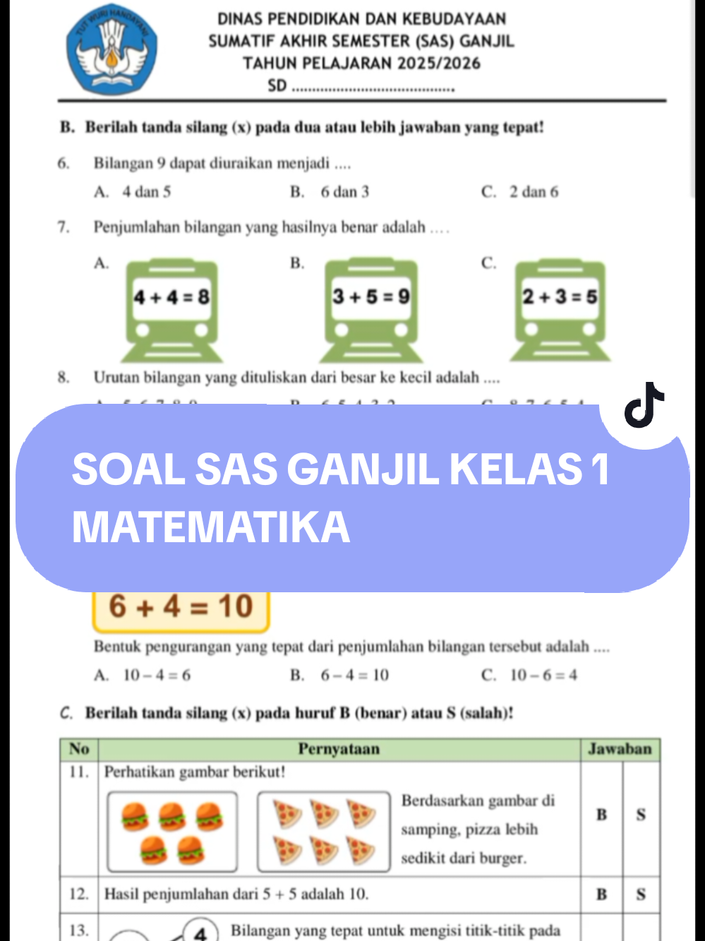Soal Asesmen Sumatif Akhir Semester Ganjil Kelas 1 SD Matematika Lengkap 6 Bentuk Soal (Piihan Ganda, Pilihan Ganda Kompleks, Benar Salah, Menjodohkan, Isian, Uraian) #fyp #soal #sasganjil #kelassatu #matematika 