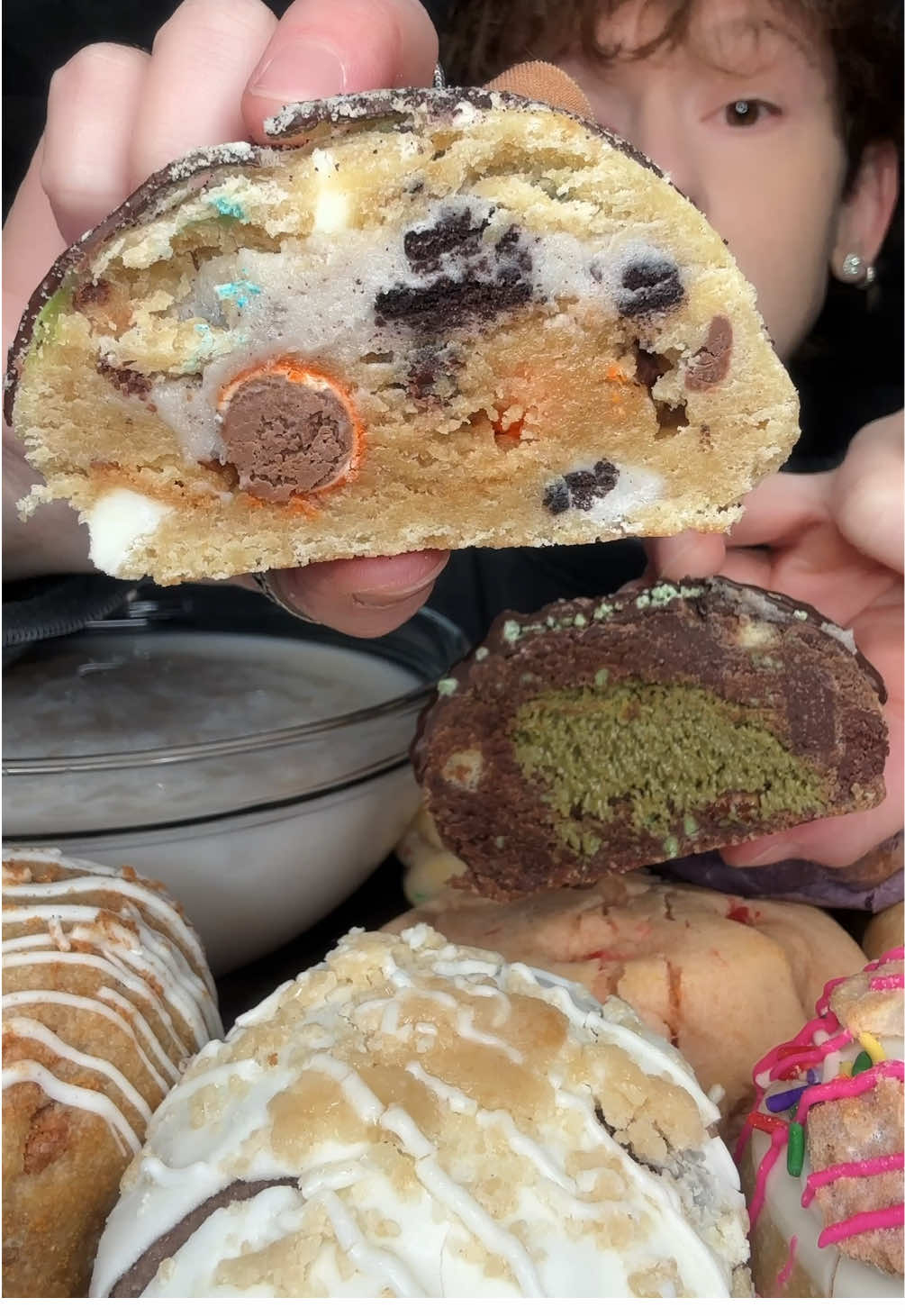 thank you @Bake It By Angie ! i went in on these cookies lol. those stuffed ones were crazy. and those were some of the best protein cookies i’ve had. these drop on the 15th! 😋 #mukbang #cookies #protein #dessert #asmr 