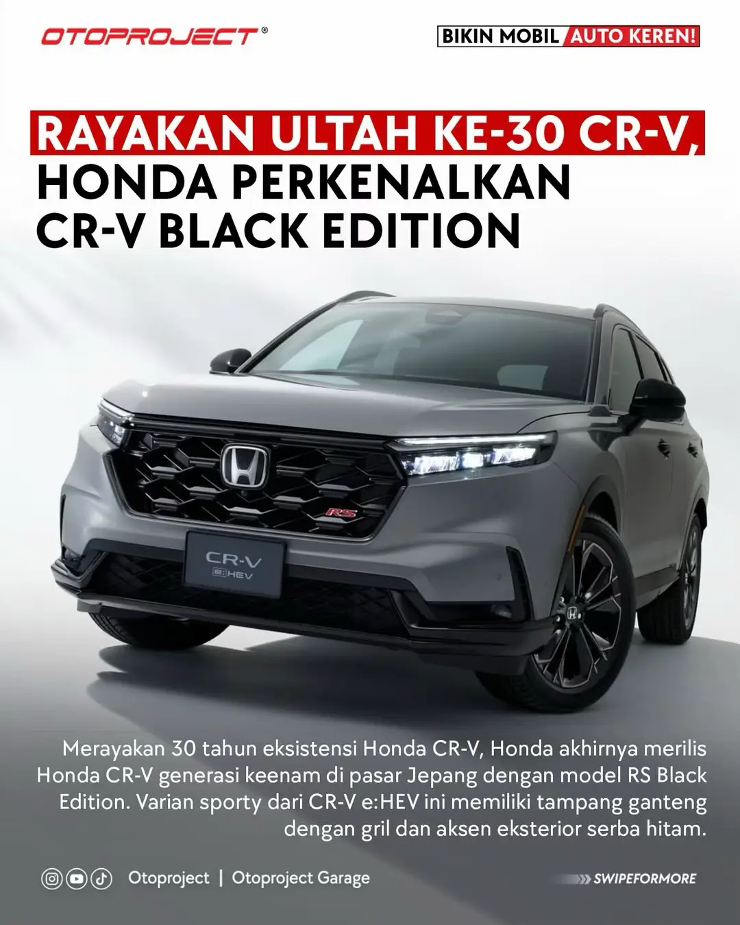 Hallo Sahabat Oto! Honda merayakan 30 tahun perjalanan CR-V dengan menghadirkan Honda CR-V e:HEV RS Black Edition di Jepang. Model ini menjadi penanda kembalinya SUV legendaris tersebut ke pasar domestik setelah sempat absen sejak 2022. Varian ini tampil dengan sentuhan sporty serba hitam pada gril, pelek, dan aksen eksterior lainnya, menciptakan kesan elegan sekaligus agresif khas edisi spesial. Secara desain, CR-V e:HEV Black Edition tidak banyak berbeda dari versi global, namun menawarkan fitur baru berupa real-time all-wheel drive (AWD) yang disesuaikan untuk kondisi jalan licin atau bersalju. Sistem hybrid e:HEV pada CR-V Black Edition diperkirakan menggunakan mesin empat silinder 1.993 cc yang dipadukan dengan motor listrik serupa milik Honda Accord e:HEV. Honda berencana mulai menjual CR-V e:HEV generasi keenam pada musim dingin tahun ini di Jepang. #otoproject #otomotif #aksesorismobil #automotive #carzone              