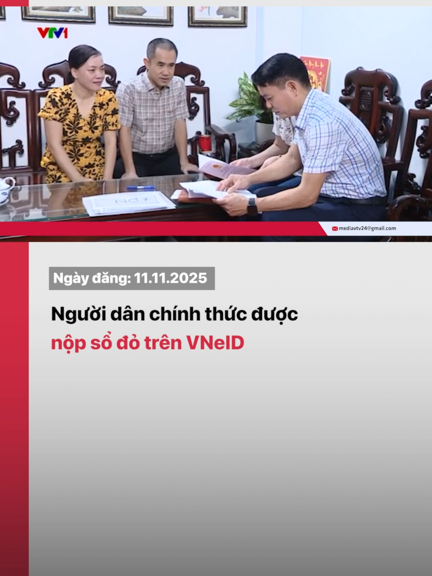 Từ hôm nay (11/11), người dân có thể nộp sổ đỏ trên VNeID cho cơ quan Nhà nước để làm sạch dữ liệu đất đai, thay vì nộp trực tiếp bản photocopy như trước.#vtv24 #tiktoknews #vtvdigitlal