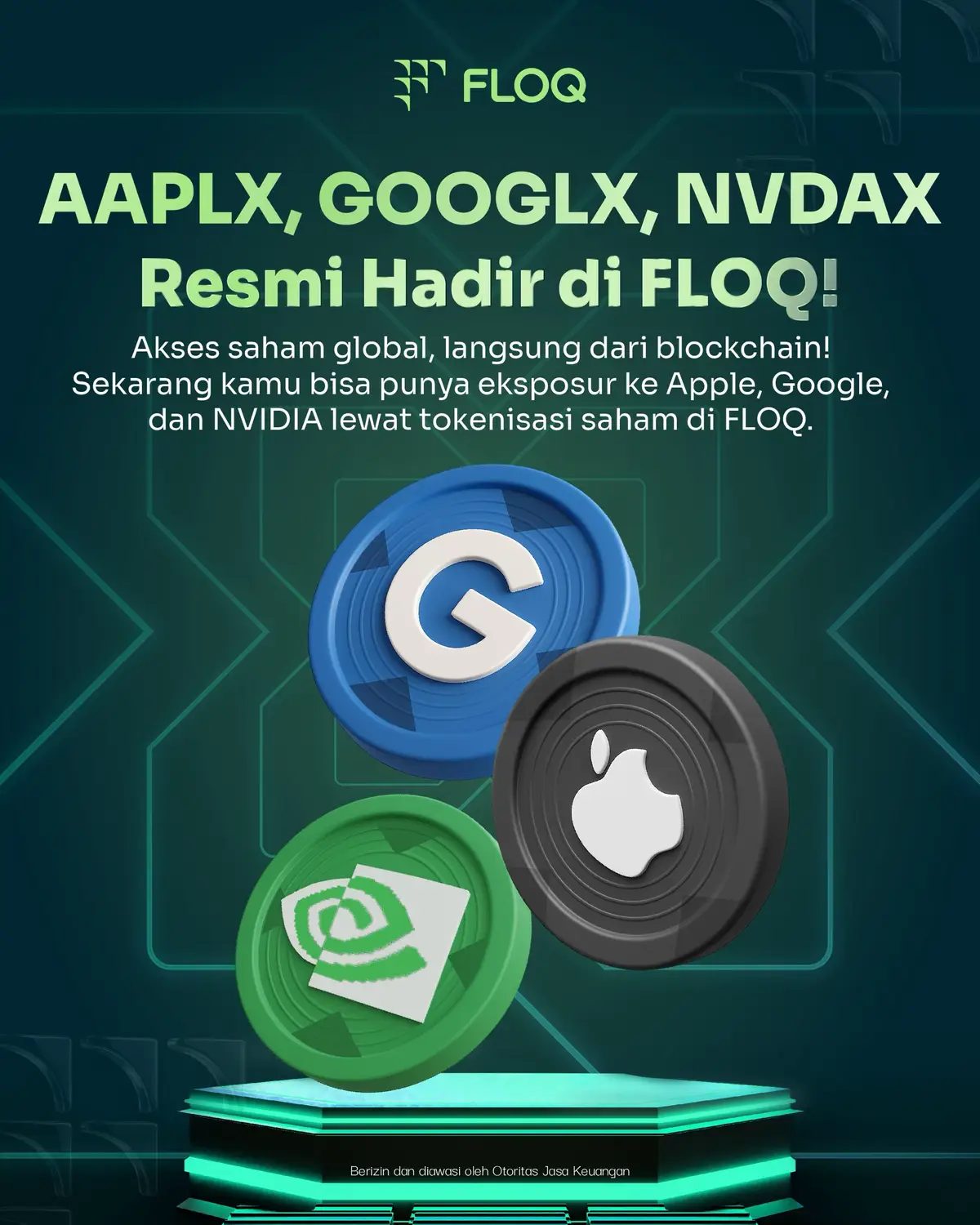 AAPLX (Apple xStock) Token yang merepresentasikan saham Apple perdagangan 24/7, fractional ownership, dan transparansi penuh dengan backing aset nyata.  GOOGLX (Alphabet xStock) Eksposur ke saham Alphabet (Google) tanpa batasan broker tradisional. Bisa diperdagangkan di blockchain dengan fleksibilitas global.  NVDAX (NVIDIA xStock) Cara baru memiliki “bagian” dari NVIDIA melalui tokenisasi saham berbasis blockchain Solana. Fleksibel, global, dan aman.  Semua token ini diterbitkan oleh Backed Finance melalui skema xStocks, dengan dukungan kustodian teregulasi dan transparansi 1:1 terhadap saham aslinya.  Investasi era baru dimulai di FLOQ, yuk trading saham global dalam format kripto, kapan pun, di mana pun!  Yuk, cek aplikasi FLOQ sekarang & mulai trading 🚀  #FLOQ #CryptoIndonesia #AAPLX #GOOGLX #NVDAX  