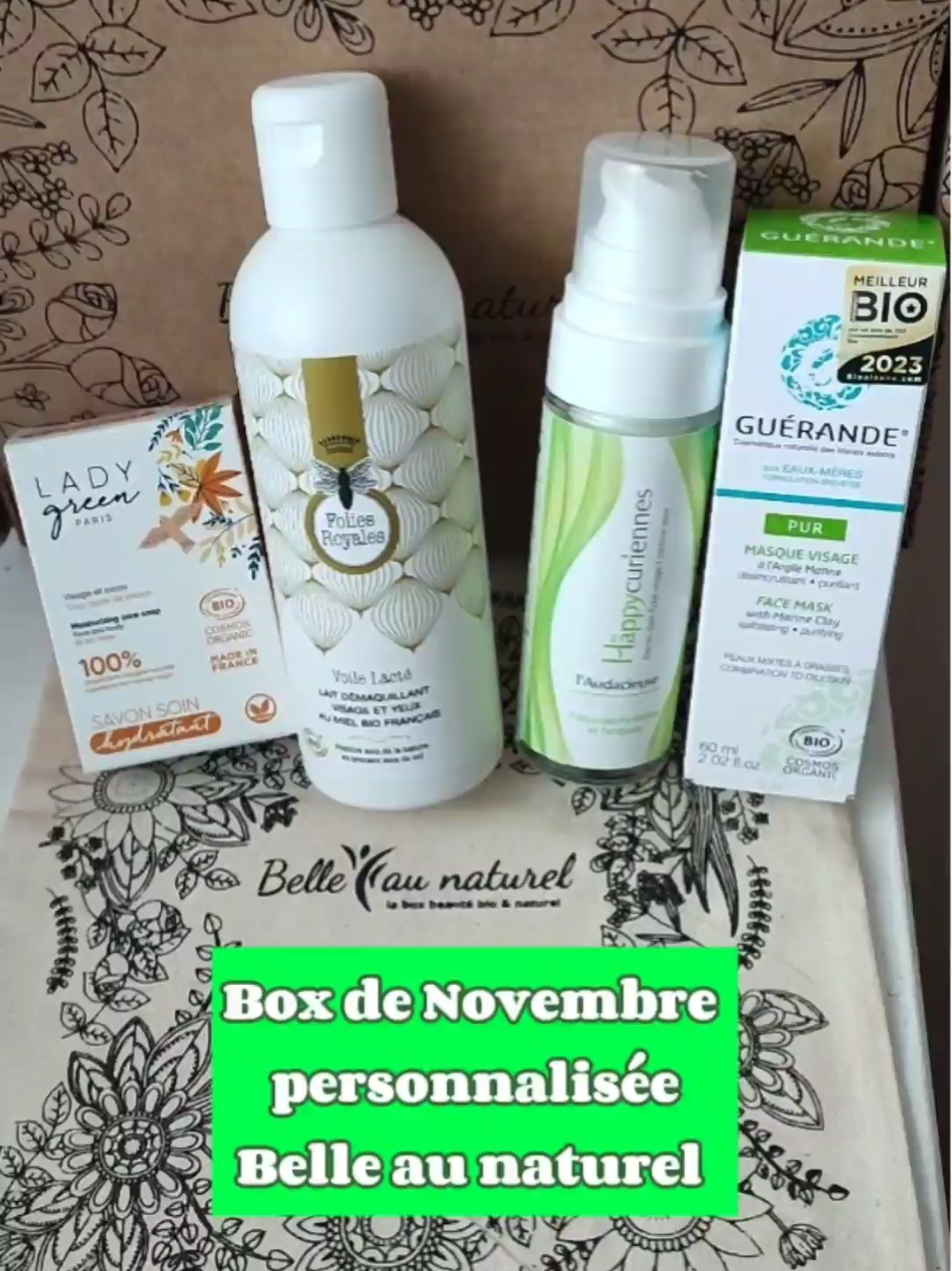 ✨ Hello mes beautés conscientes ✨ Ce mois-ci, j’ai craqué pour ma box beauté de novembre 💝 de @belleaunaturel.fr, 100% personnalisée selon ma peau et mon rythme de vie 🧖‍♀️ 💧 Savon hydratant bio — @ladygreenbio 🍯 Lait démaquillant miel bio — @foliesroyales 🌿 Crème éclat & yeux — @leshappycuriennes 🧖‍♀️ Masque purifiant — @guerandecosmetiques Résultat : peau hydratée, lumineuse et chouchoutée 💗 Produits bio, naturels, cruelty free et made in France 🌱 🎁 Lien en bio : 80€ de produits offerts pour ta 1ʳᵉ box ✨ #BelleAuNaturel #BoxBeautéBio #PeauMixte #CleanBeauty #RoutineNaturelle 