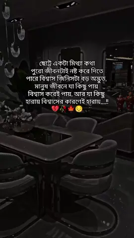ছোট্ট একটা মিথ্যা কথা  পুরো জীবনটাই নষ্ট করে দিতে  পারে বিশ্বাস জিনিসটা বড় অদ্ভুত,  মানুষ জীবনে যা কিছু পায়  বিশ্বাস করেই পায়, আর যা কিছু  হারায় বিশ্বাসের কারণেই হারায়,,,,!! 💔🥀🍁😔