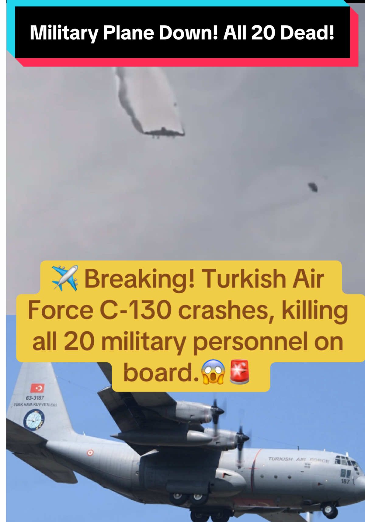 Tragedy in the skies: A Turkish C‑130 military plane crashes near the Azerbaijan-Georgia border. All 20 on board feared lost. Rescue teams rush to the scene as investigations begin. The cause remains unknown — a somber reminder of the dangers of military aviation. #news #fyp #turkey🇹🇷 #Usa #georgia 