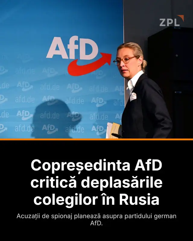 Alice Weidel, copreședinta AfD, a criticat dur deplasările în Rusia ale unor membri ai partidului, în contextul acuzațiilor de spionaj și legături cu Kremlinul. Articolul complet pe zpl.ro. #AfD #Germania #Rusia #PoliticaInternațională