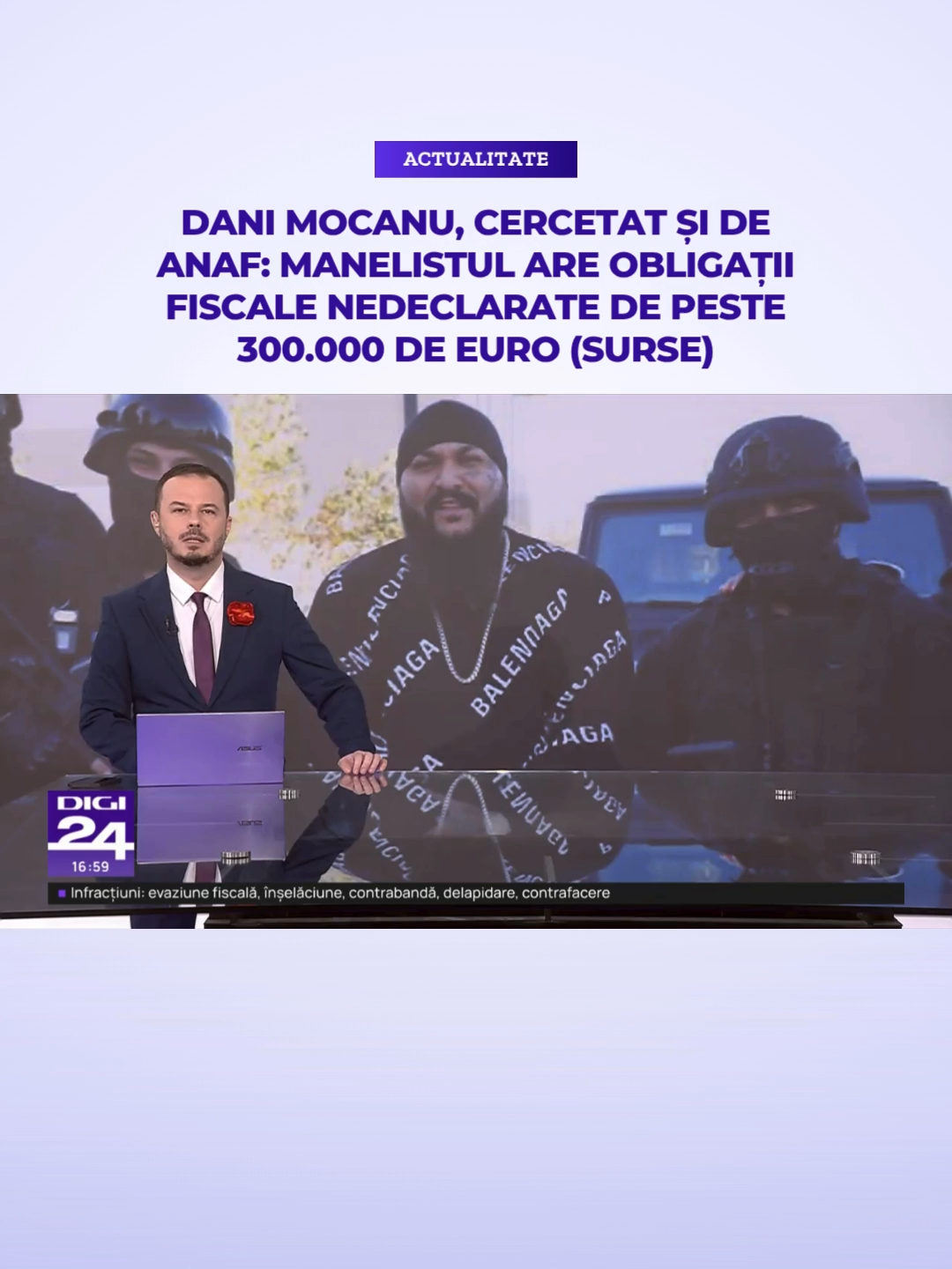 Direcţia Generală Antifraudă Fiscală (DGAF) a încheiat verificările în cazul unui solist de muzică de petrecere din judeţul Argeş, fiind constatate obligaţii fiscale nedeclarate în sumă totală de 1,612 milioane lei (peste 300.000 de euro). Potrivit surselor Digi24, este vorba despre manelistul Dani Mocanu. #digi24 #stiriledigi24 #danimocanu