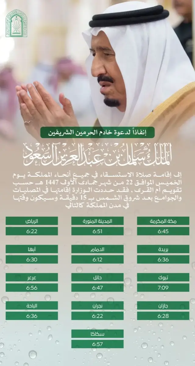 وزارة الشؤون الإسلامية تحدد مواقيت صلاة الاستسقاء بـ15 بعد شروق الشمس https://shahdnow.sa/325627/ @Saudi_Moia 