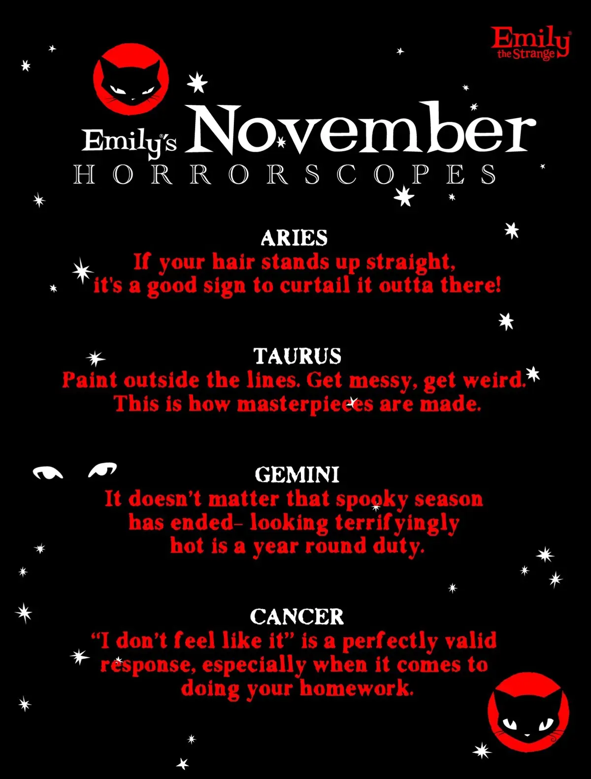 Emily’s November Horrorscopes are here to help you through the long nights 🌙 #horoscope #astrology #witchtok #emilythestrange #starsigns 