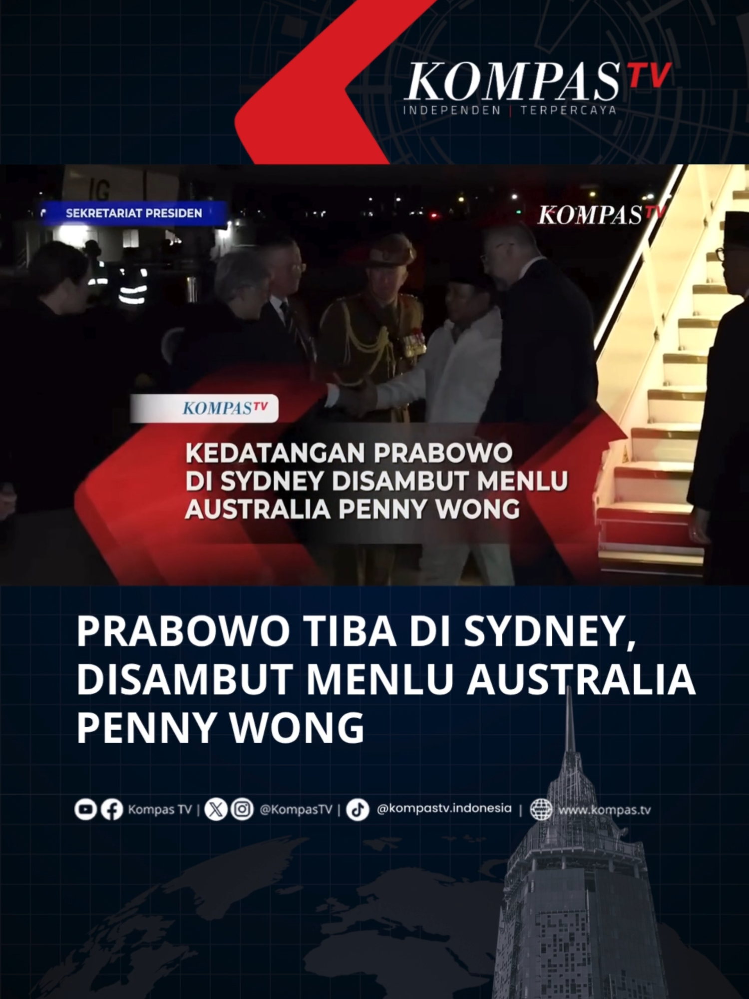 Presiden RI Prabowo Subianto tiba di Sydney, Australia, pada Selasa (11/11/2025) untuk memulai rangkaian kunjungan kenegaraan. Setibanya di bandara, Prabowo disambut secara resmi oleh Menteri Luar Negeri Australia, Penny Wong. Dari bandara, Prabowo langsung menuju hotel tempat bermalam selama kunjungan kenegaraan di Sydney. Bagaimana pendapatmu?  Simak video selengkapnya dan dapatkan berita terkini lainnya di www.kompas.tv serta youtube.com/kompastv  #SOROTKompasTV #TikTokBerita