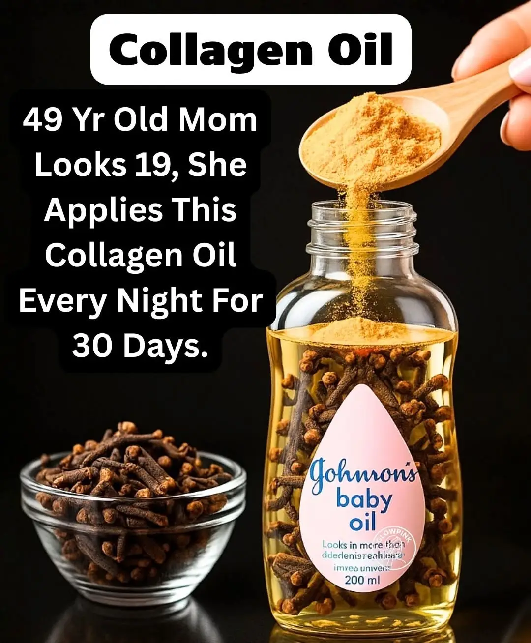Ingredients Johnson’s Baby Oil (or coconut/olive oil) — 200 ml Cloves (laung) — 1–2 tablespoons Turmeric powder (optional, for glow) — ½ teaspoon  Preparation Steps 1. Add the cloves to the bottle of baby oil (about 1–2 tbsp). 2. Add turmeric (optional) for extra glow, but only a small pinch to avoid staining. 3. Close the bottle tightly and shake it well. 4. Infuse naturally: Keep it in a warm place (like near sunlight or a window) for 5–7 days. Shake it daily to mix the ingredients. 5. After a week, strain the oil if you prefer a smoother texture (optional).  How to Use Wash your face and pat it dry. Take a few drops of the oil and massage gently on your face and neck for 3–5 minutes before bed. Leave it overnight and wash it off in the morning with a mild cleanser. Tips & Warnings Do a patch test before using it on your face (clove oil can irritate sensitive skin). Don’t use raw clove oil directly on skin — it’s too strong. The infusion method dilutes it safely. Use 3–4 nights per week if you have sensitive or oily skin. Store in a cool, dry place