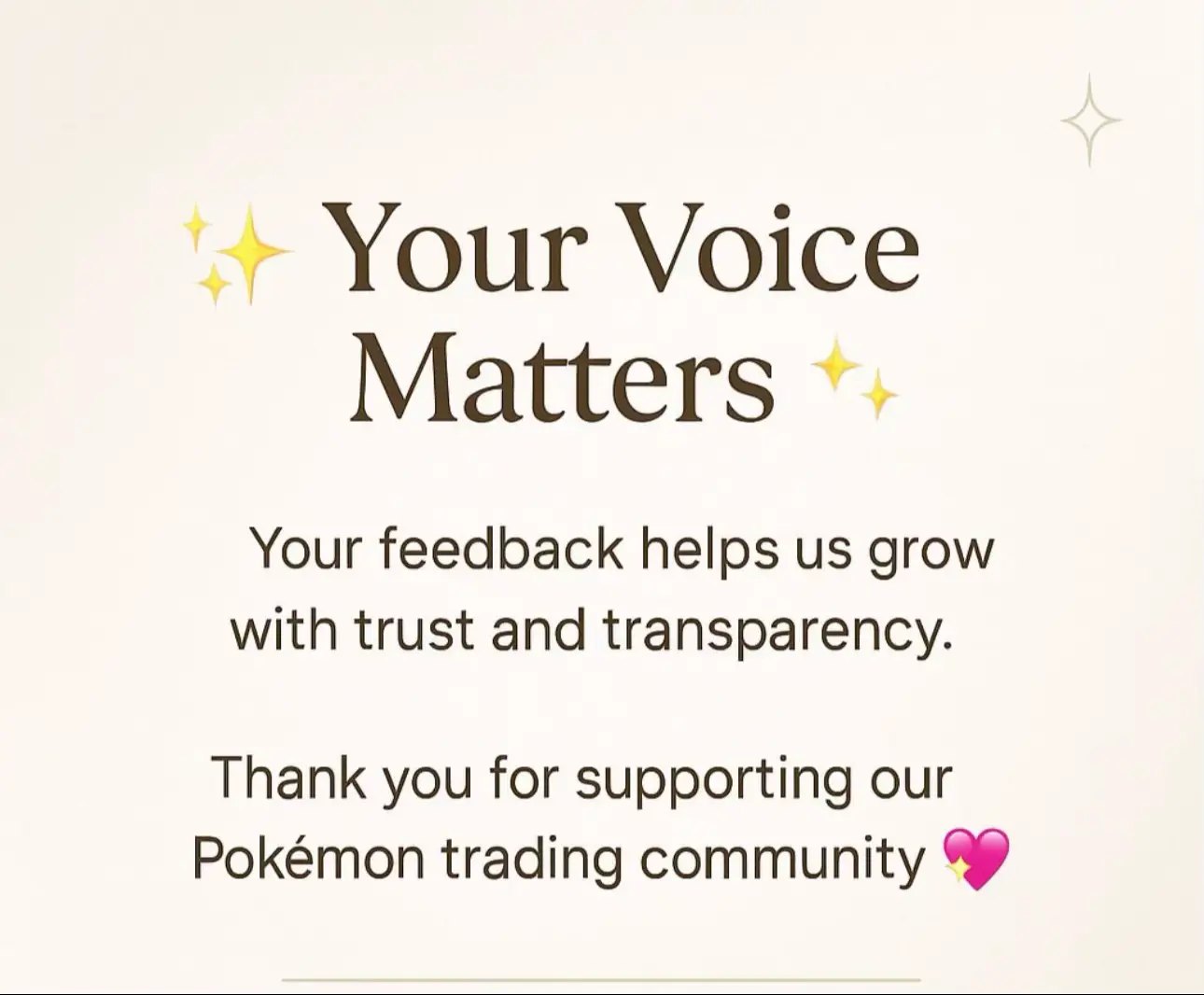 Your feedback builds trust. We’ve proudly completed many smooth and secure Pokémon card transactions - and your reviews help show that! Whether you’ve traded, bought, or sold with us before, sharing your experience helps others feel confident to join in too. Thank you for being part of a trusted and growing community. Your support keeps us moving forward!🙏✨ #tradingcardgame #cardbreakers #pokemoncollection #tcgpokemon #pokemoncards                      