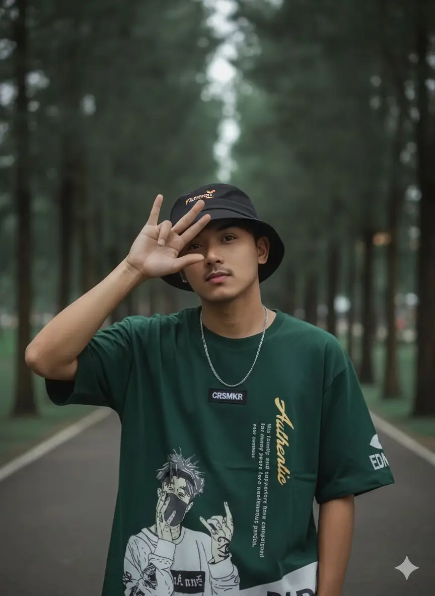 Prompt👇 Buatkan foto seorang pria muda Asia dengan postur ramping dan wajah yang menarik (sedikit kumis tipis terlihat). ​Aksi & Pose: ​Jarak Foto: Medium shot atau half-body shot, fokus dari pinggang/dada ke atas. ​Pose: Pria tersebut berdiri tegak. ​Gerakan Tangan: Tangan kanannya terangkat di depan wajah, menutupi sebagian dahi dan mata, membuat simbol tanduk/rock-on (jari telunjuk dan kelingking terangkat, jari tengah dan manis terlipat). ​Ekspresi: Ekspresi wajah tersembunyi/sedikit tertunduk, memberikan kesan misterius, cool, atau moody. ​Penampilan Subjek: ​Wajah & Rambut: Wajah sharp dengan kumis tipis. Rambut gelap tertutup topi. ​Topi: Mengenakan topi bucket hat berwarna hitam dengan logo/tulisan oranye/kuning kecil (terlihat seperti 