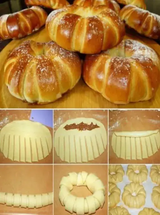 Сегодня хотела поделиться рецептом очень вкусных сдобных булочек.Тесто оригинальное,из него можно печь калачи,булочки,рулеты и пирожки.  .Тесто легкое в приготовлении ,изделия из него получаются воздушными,начинка из повидла или джема не вытекает,нужно только придерживаться рецепта.     300мл.молока 11 грамм сухих дрожжей 150грамм сахара 180грамм масла или маргарина 4 яйца Щепотка соли  Ванилин Мука- 940 грамм В тёплое молоко всыпать 2 ч.л.сахара и дрожжи ,хорошо перемешать,добавить 8ст.л.муки,перемешать ,накрыть и дать подойти опаре.  Готовлю сдобу:яйца слегка взбить с солью,всыпать сахар,и растопленный маргарин .Все хорошенько перемешать и соединить с опарой.Частями всыпать муку,замесить тесто,положить его в смазанную растительным маслом миску .Дать подойти 45минут,обмять  и снова  поместить в миску,накрыть ,дать подойти. Выпекала при температуре 180°около 22 минут.Можно присыпать сахарной пудрой.