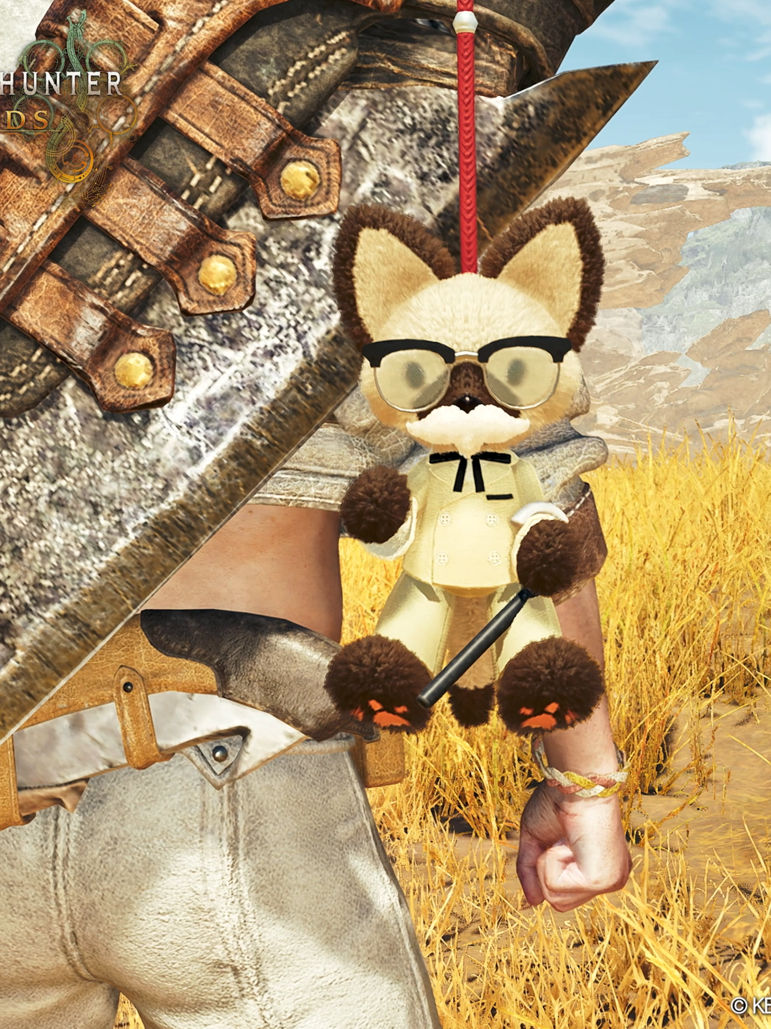 「ケンタッキーフライドチキン」×『モンスターハンターワイルズ』コラボレーション 特典となるカーネル・サンダース姿のチャーム「【KFC】カーネルアイルー」がこちら！ 11月19日(水)より全国のKFC店舗で「モンハンコラボパック」が期間限定で販売！ ※プロダクトコードの入力開始は、2025年12月16日(火)からとなります。  #KFC #モンハンワイルズ