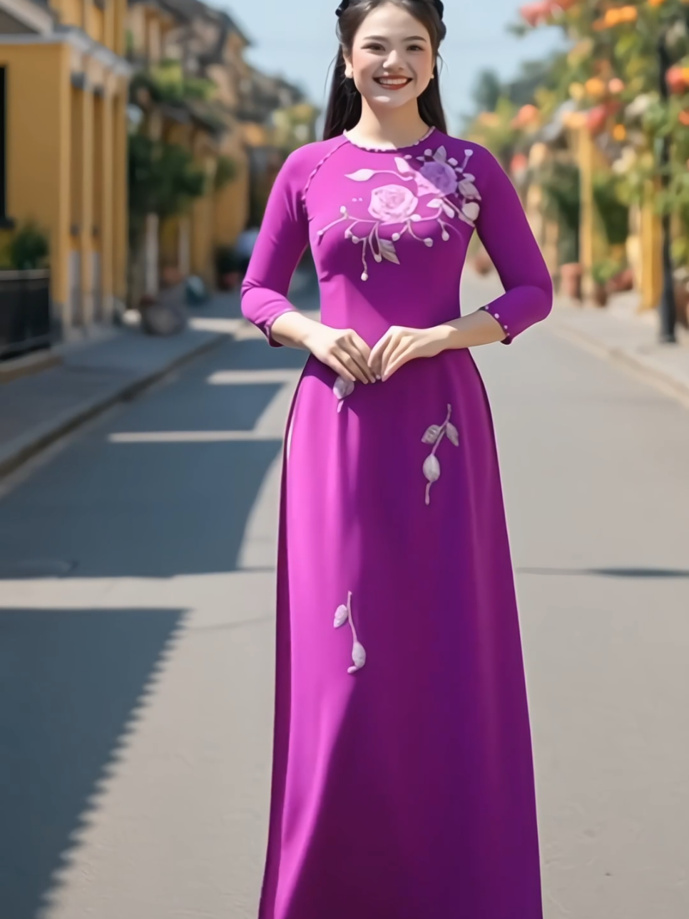 Áo dài nữ tím cẩm chất lụa mỹ mềm mịn co giãn, kết hoa thêu thủ công tinh tế #aodaicachtan #aodaitet #aodaitruyenthong #aodaivietnam #xuhuong 