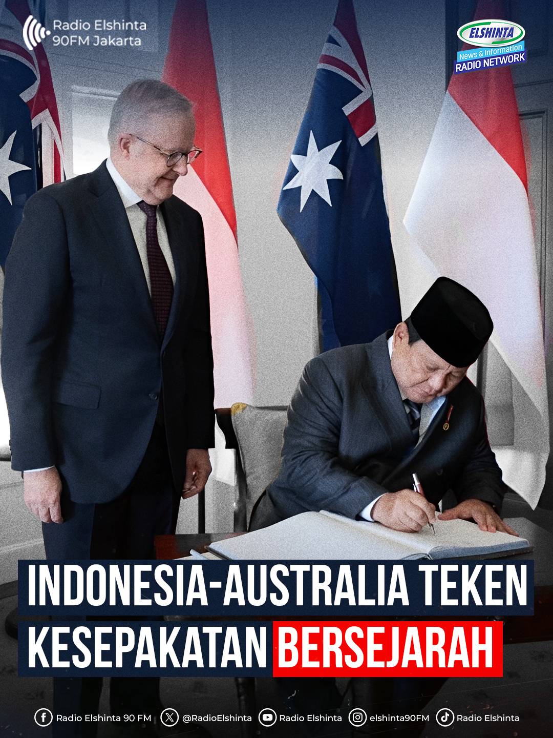 Presiden Prabowo Subianto (@prabowo) bersama Perdana Menteri Australia, Anthony Albanese, resmi mengumumkan kerja sama baru di bidang pertahanan dan keamanan. Melalui kesepakatan ini, Albanese menegaskan bahwa Indonesia dan Australia dapat menghadapi berbagai ancaman secara bersama.⁠ ⁠ Ia menyebut, penandatanganan perjanjian tersebut menjadi momen penting dalam hubungan kedua negara. Menurut Albanese, langkah ini merupakan kelanjutan dari kolaborasi pertahanan dan keamanan yang telah terjalin sebelumnya.⁠ ⁠ Lebih lanjut, Albanese menilai perjanjian ini mencerminkan komitmen kedua negara bahwa menjaga perdamaian dan stabilitas kawasan hanya bisa dicapai dengan kerja sama erat. Ia menambahkan, kesepakatan ini juga menandai babak baru dalam hubungan bilateral Indonesia dan Australia.⁠ (Faj) ⁠ 📸: Dok. YouTube Sekretariat Presiden.⁠ #ElshintaNews #Berita #Presiden #Indonesia #Australia