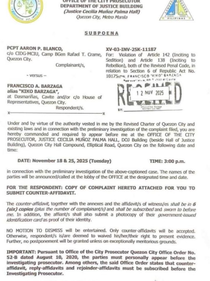 BREAKING: REP. KIKO BARZAGA, SINAMPAHAN NG KASO NG CIDG Nagsampa ng kasong inciting to rebellion at sedition ang Criminal Investigation and Detection Group (CIDG) laban kay Cavite 4th District Representative Kiko Barzaga.