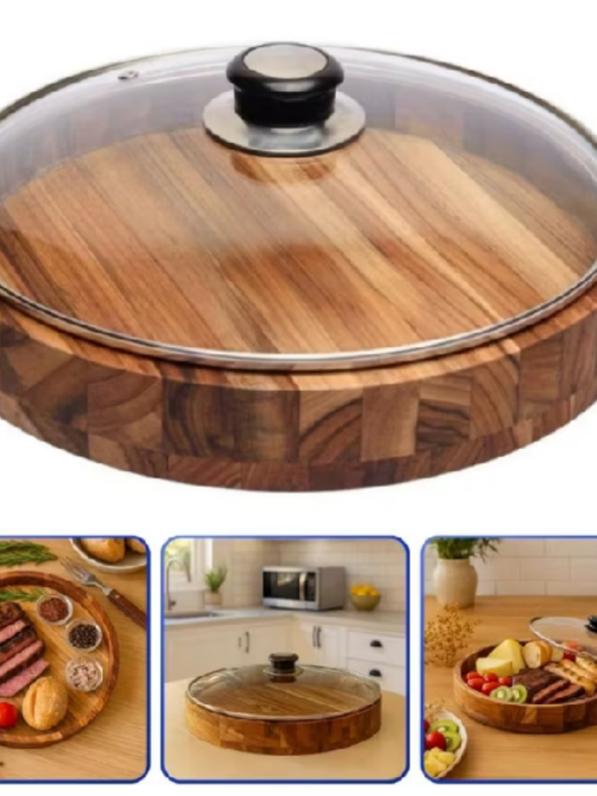 ID: CGV-LJA-MMC Sirva com estilo! 🍖 Gamela de Madeira 30cm com Tampa de Vidro — ideal para churrascos e porções. #Churrasco #Madeira #Utensílios