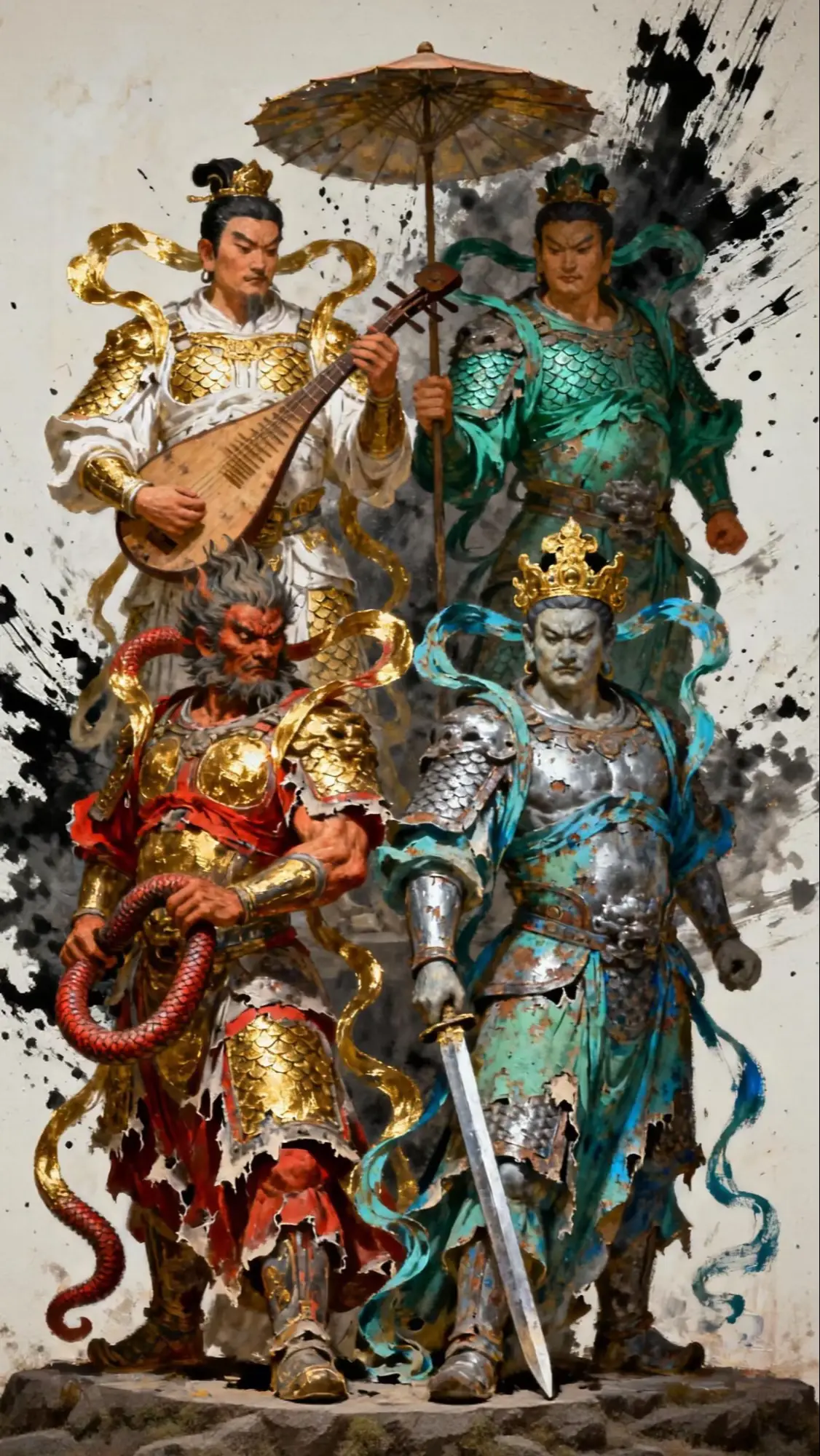 Tứ Đại Thiên Vương trong thần thoại Phật giáo, còn được gọi là Tứ Đại Kim Cương.Đây là bốn vị thần bảo hộ, canh giữ bốn phương trời và bảo vệ Phật pháp, thường được thờ phụng ở tiền sảnh (Thiên Vương Điện) của các ngôi chùa lớn theo Phật giáo Đại thừa, đặc biệt là ở Trung Quốc và Việt Nam. 1. Vị trên bên trái cầm đàn Tỳ Bà: Đây là Trì Quốc Thiên Vương. 2. Vị trên bên phải cầm Lọng/Ô: Đây là Đa Văn Thiên Vương. 3. Vị dưới bên trái quấn Rắn/Rồng trên tay: Đây là Quảng Mục Thiên Vương. 4. Vị dưới bên phải cầm Kiếm: Đây là Tăng Trưởng Thiên Vương.#nammoadidaphat #tudaithienvuong #tranhphatgiao #xuhuong 