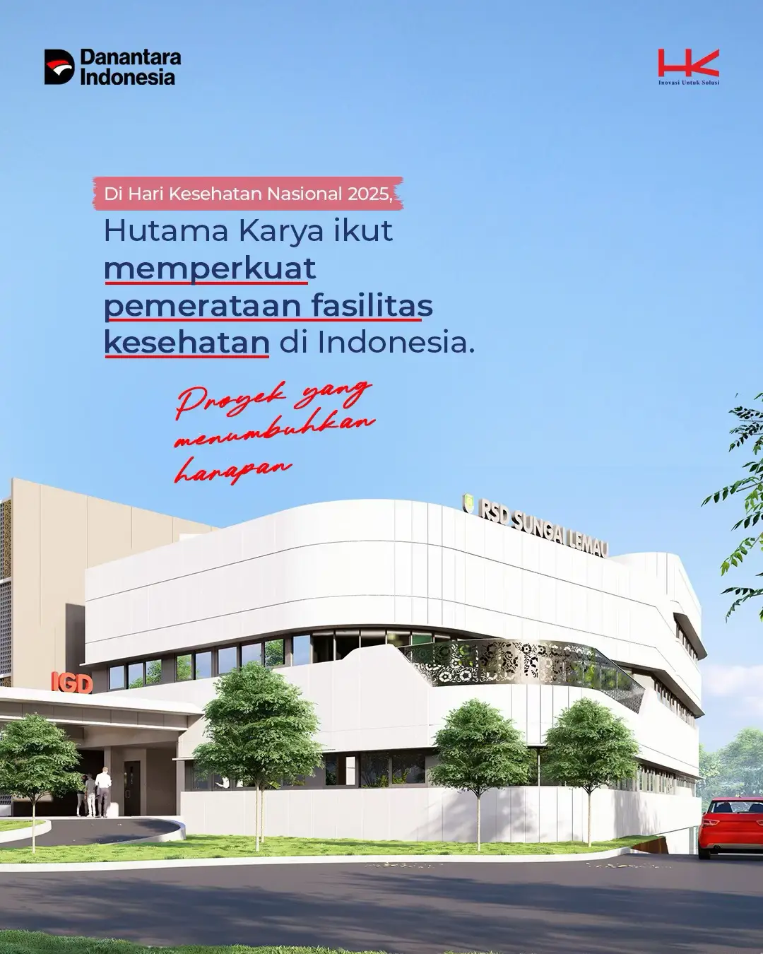 Hutama Karya terus mendukung pemerataan fasilitas kesehatan nasional melalui pembangunan lima rumah sakit di berbagai wilayah Indonesia. Dari Manado hingga Sanana, kami berkomitmen menghadirkan infrastruktur yang bukan hanya kuat secara fisik, tapi juga berdampak langsung bagi kualitas hidup masyarakat. Kesehatan Merata, Indonesia Kuat. #HutamaKarya #HariKesehatanNasional