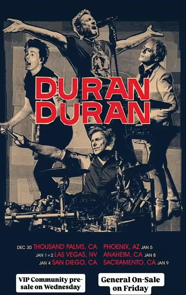 Duran Duran have announced a run of North American shows, kicking off December 30 in Thousand Palms, CA and making stops in Las Vegas, San Diego, Sacramento and more. There will be a pre-sale for the DD VIP Community members on Wednesday, September at 10:00AM (local). Artist Presale: Wednesday, Sept 17-10 AM local market time (visit duranduran.com/members General On Sale: Friday Sept 19-10 AM local market time (visit duranduran.com/tour) #duranlive 