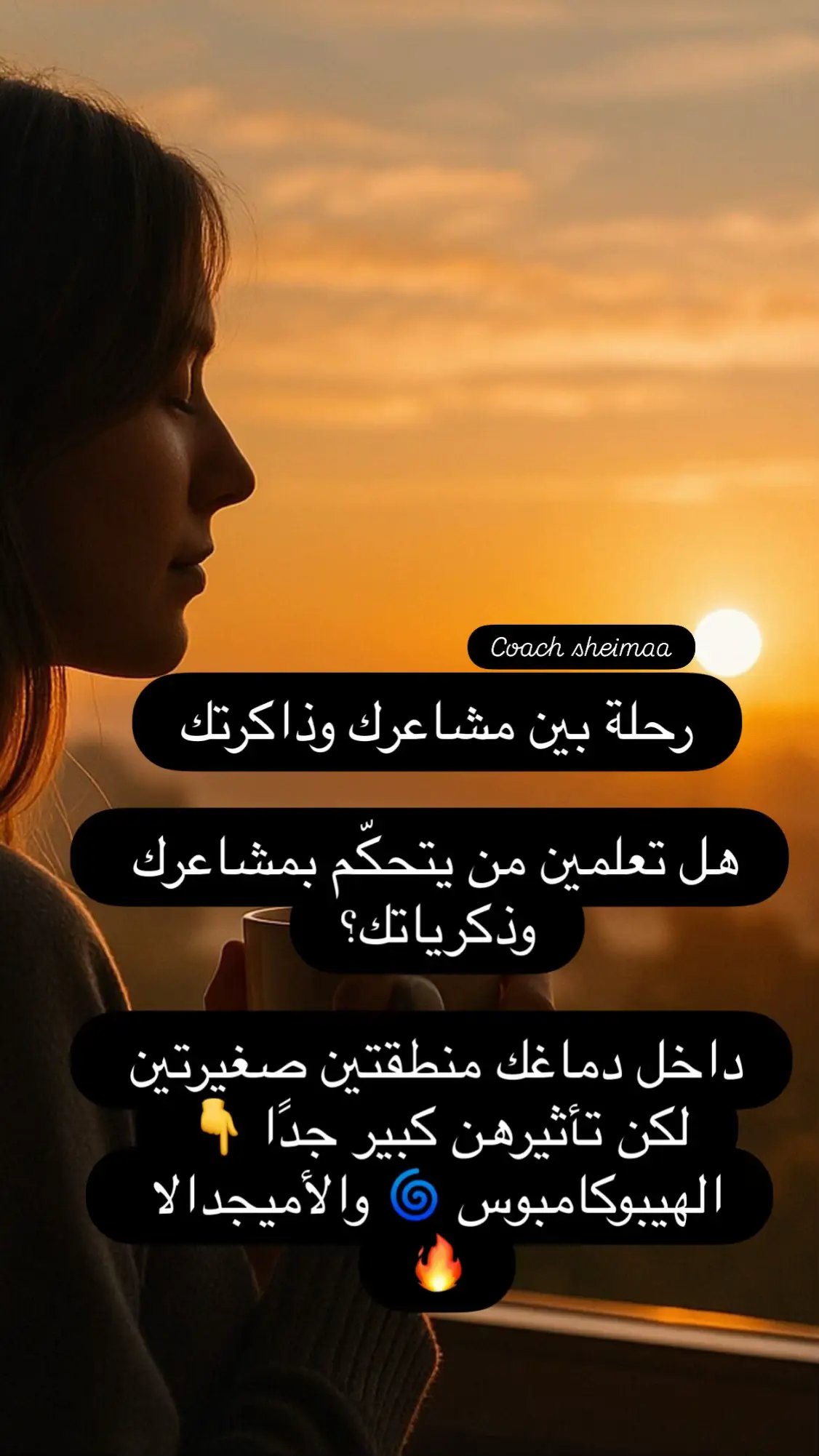 أحيانًا مشاعرك ما جاية من “الآن” بل من ذاكرة قديمة خزّنتها الأميجدالا والشفاء يبدأ لما تهدّئين خوفك وتسمحين للهيبوكامبوس يعيد كتابة القصة من وعيك الحالي 🤍 . . Coach sheimaa