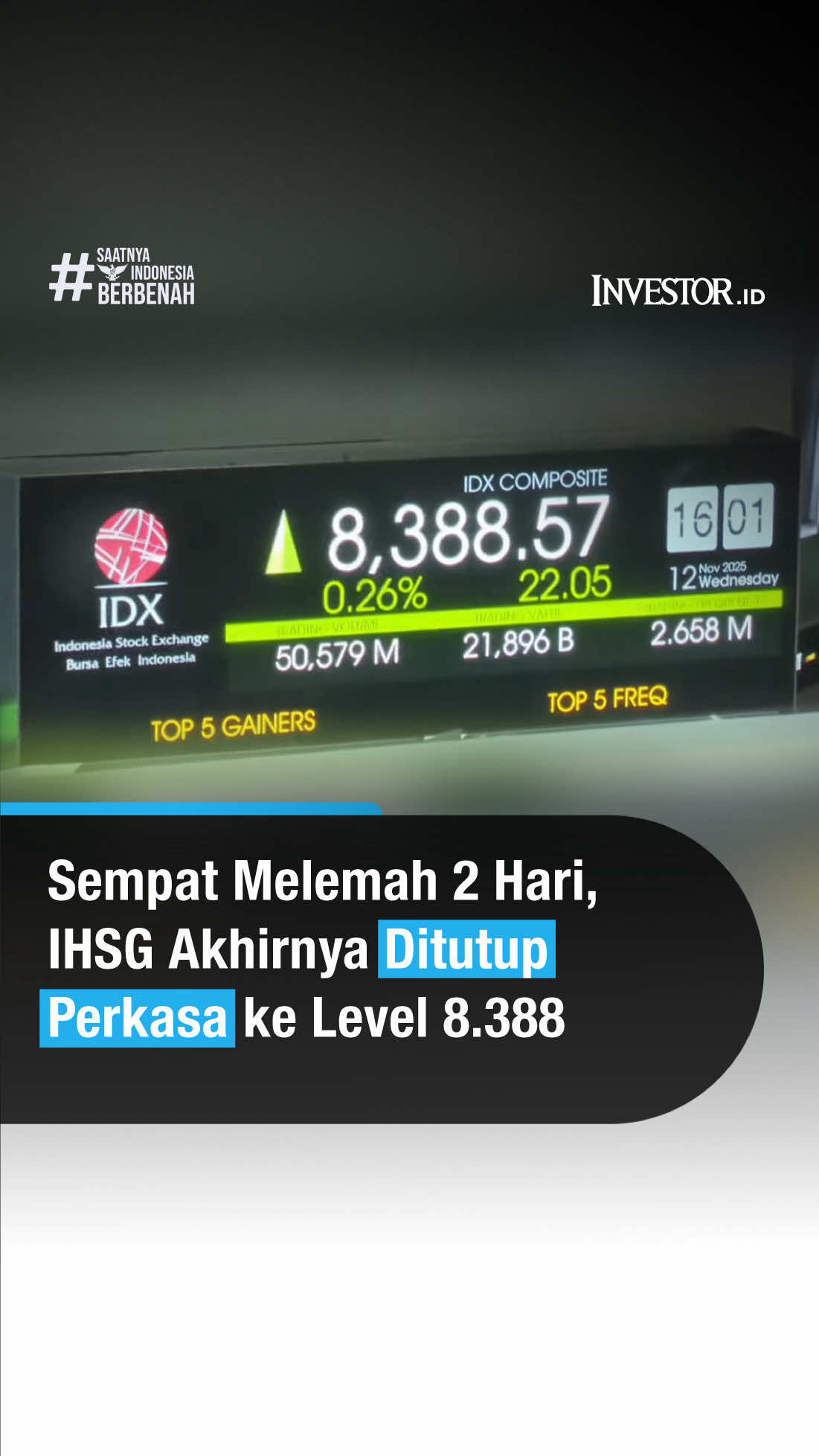 Setelah dua hari melemah, IHSG kembali unjuk kekuatan! Ditutup perkasai ke level 8.388, sentimen positif mulai kembali ke pasar. 📈 Baca terus investor.id dan dapatkan berita ekonomi terkini dari program Investor Daily di Beritasatu TV. #Investordaily #IHSGUpdate #PasarSaham #IHSGZonaHijau #SaatnyaIndonesiaBerbenah