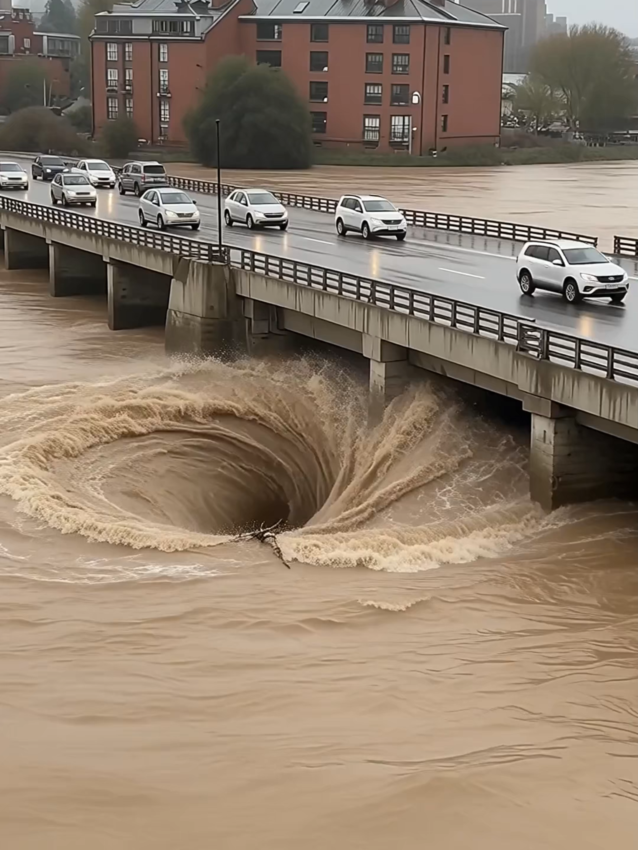 突发桥梁坍塌事故，多车坠入激流漩涡，惊险一幕 #灾难瞬间 #桥梁坍塌 #洪水来袭 #极端天气